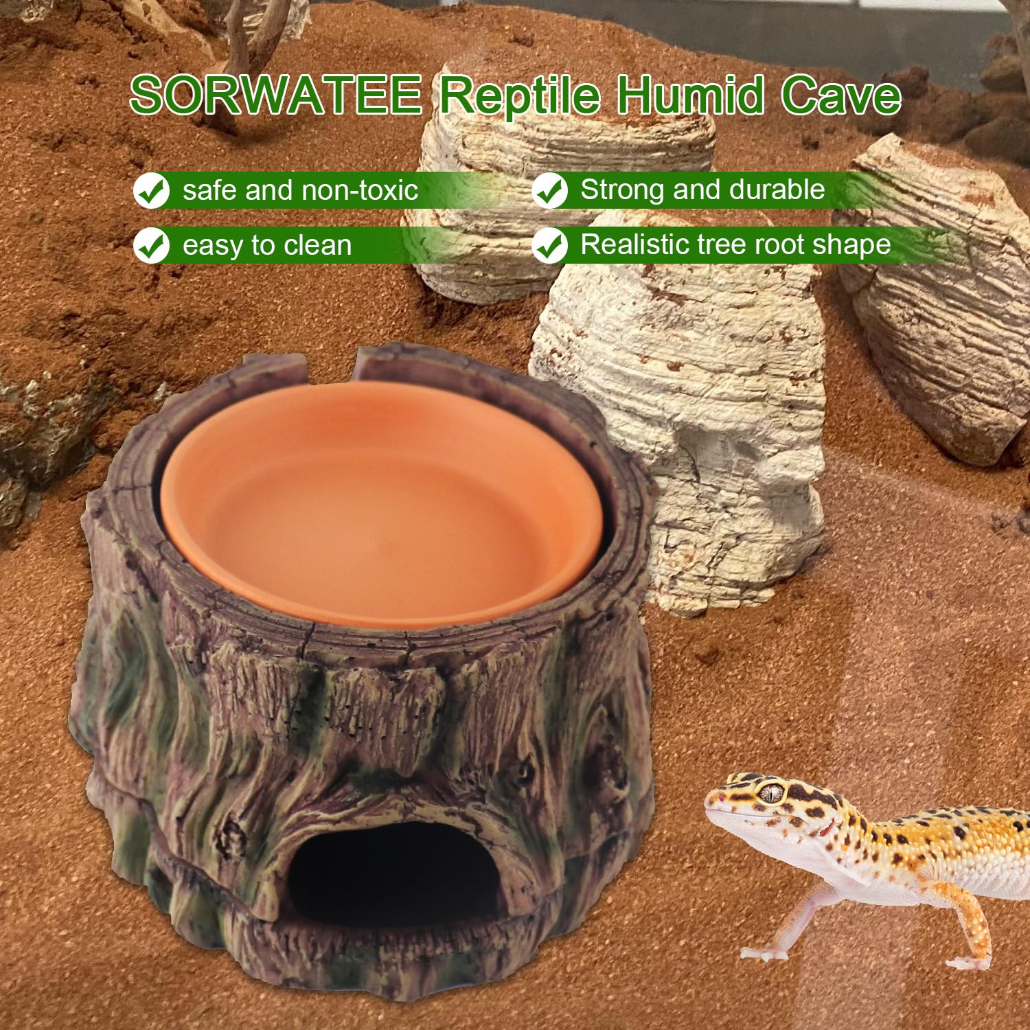 SORWATEE 3 in 1 Reptile Hide Cave with Humidifying Basin & Detachable Base, Terrarium Tank Decor Moisture Keeping Hideout Cave f