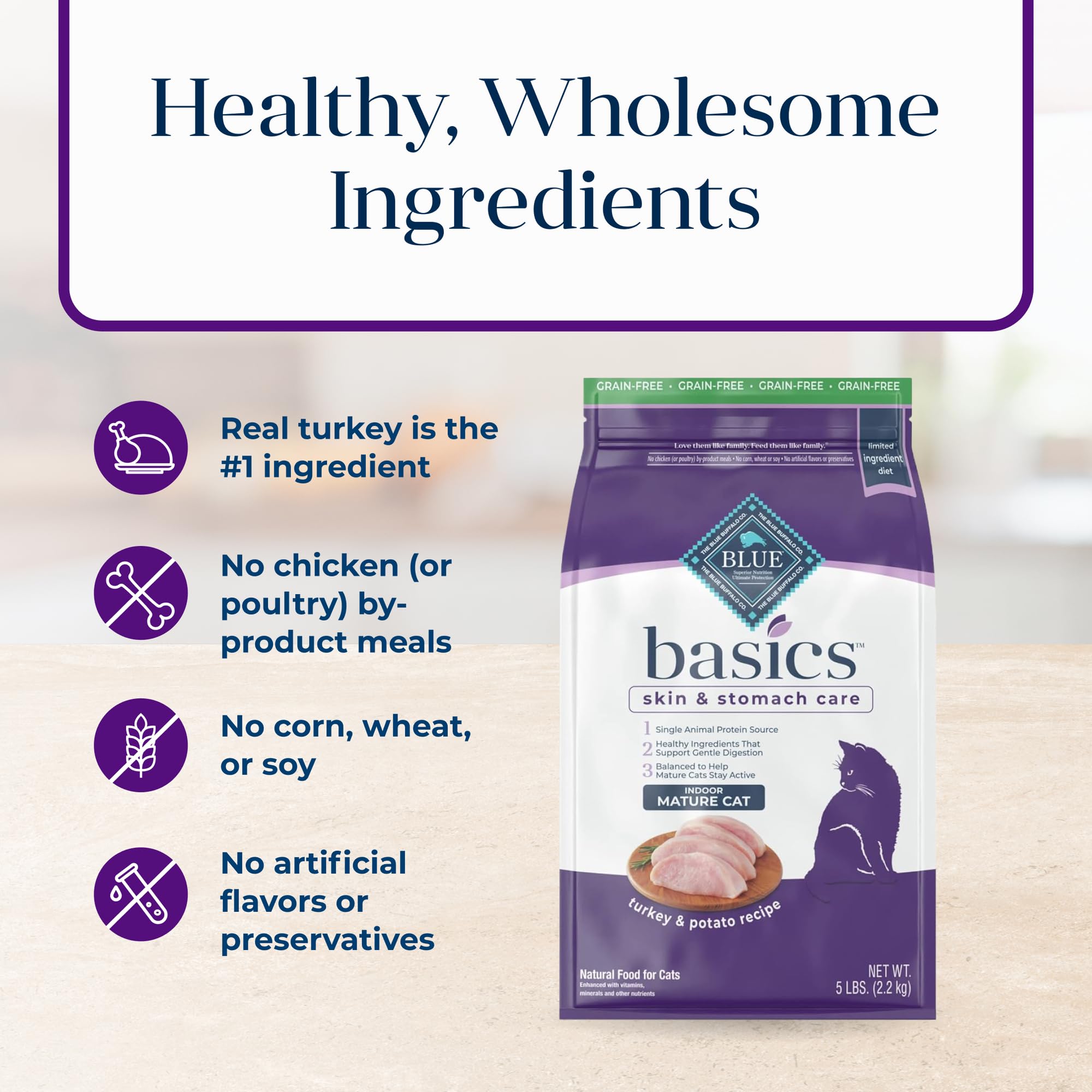 Blue Buffalo Basics Grain-Free Dry Cat Food, Skin & Stomach Care, Limited Ingredient Diet for Mature Indoor Cats, Turkey & Potat