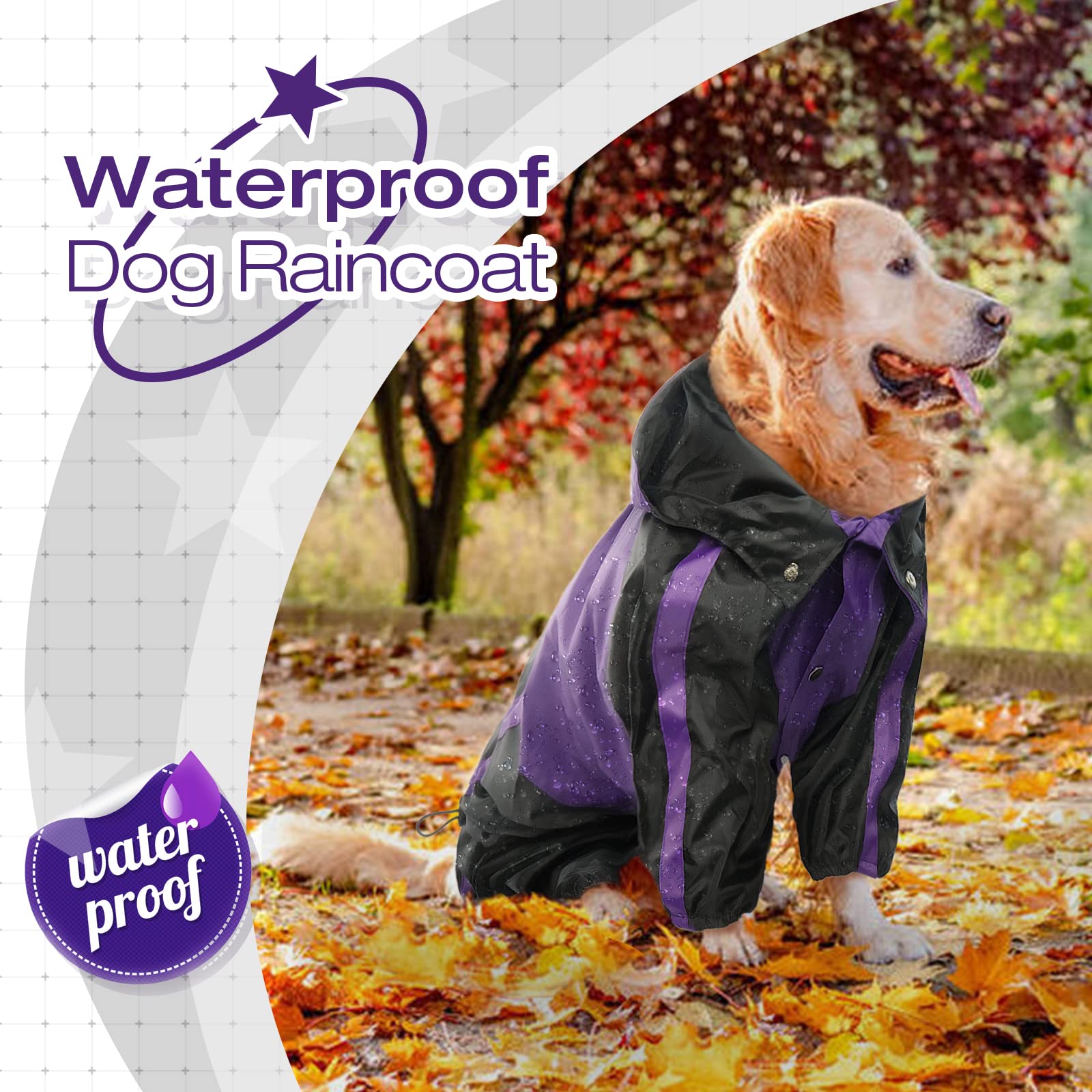 Ouobob Dog Raincoat, Waterproof Dog Rain Coats For Large Dogs, Lightweight Rain Jacket, Adjustable 4 Legs Pet Poncho With Hood,