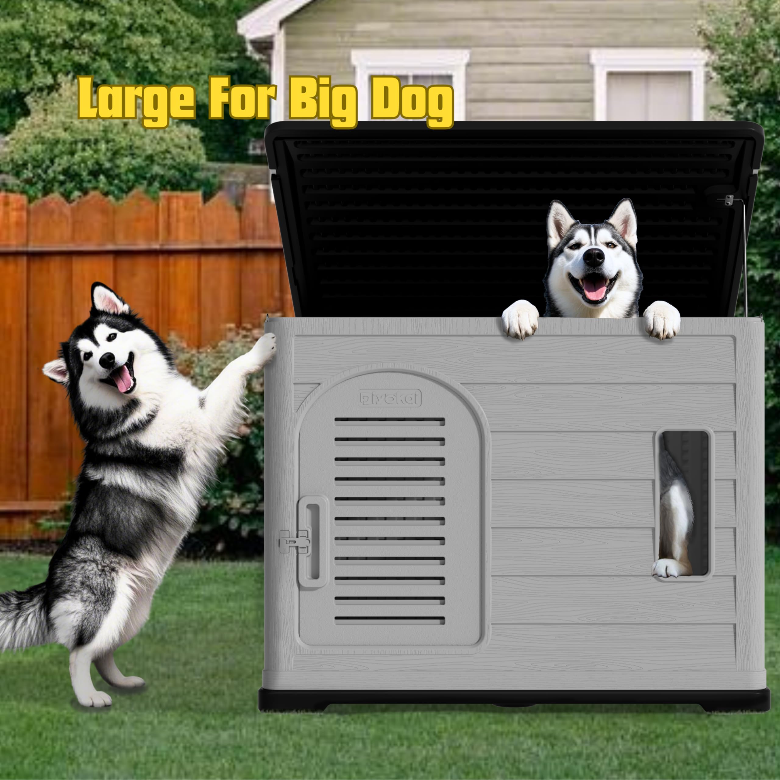 Diyokai Xlarge Durable Plastic Dog House For Big Dogs - Indoor Outdoor Double-Layer Insulated Doghouse With Open-Top Cover, Lock