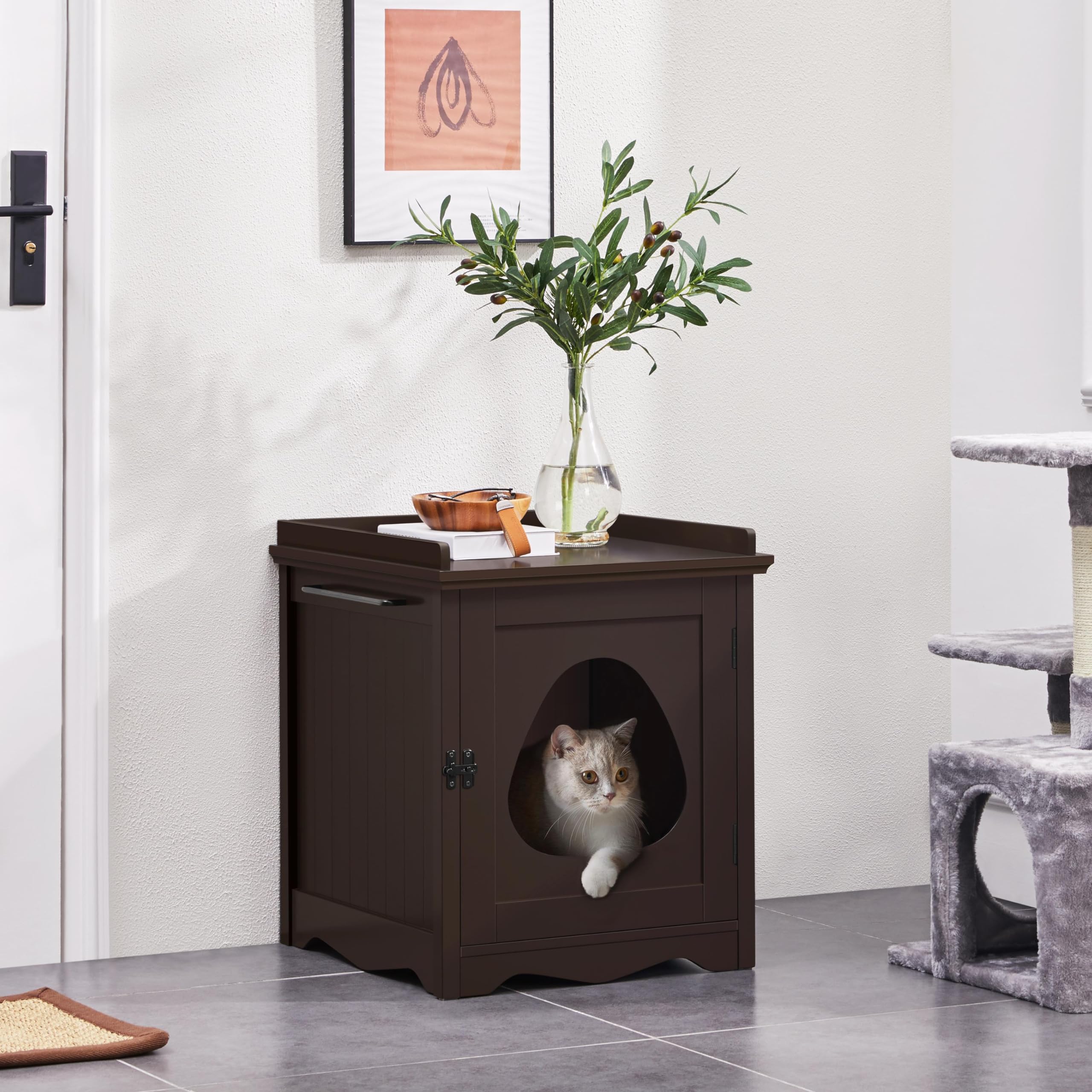 Yaheetech Cat Litter Box Enclosure, Hidden Litter Box Furniture With Side Towel Bar, Wooden Cat Washroom, Storage Cabinet, Indoo