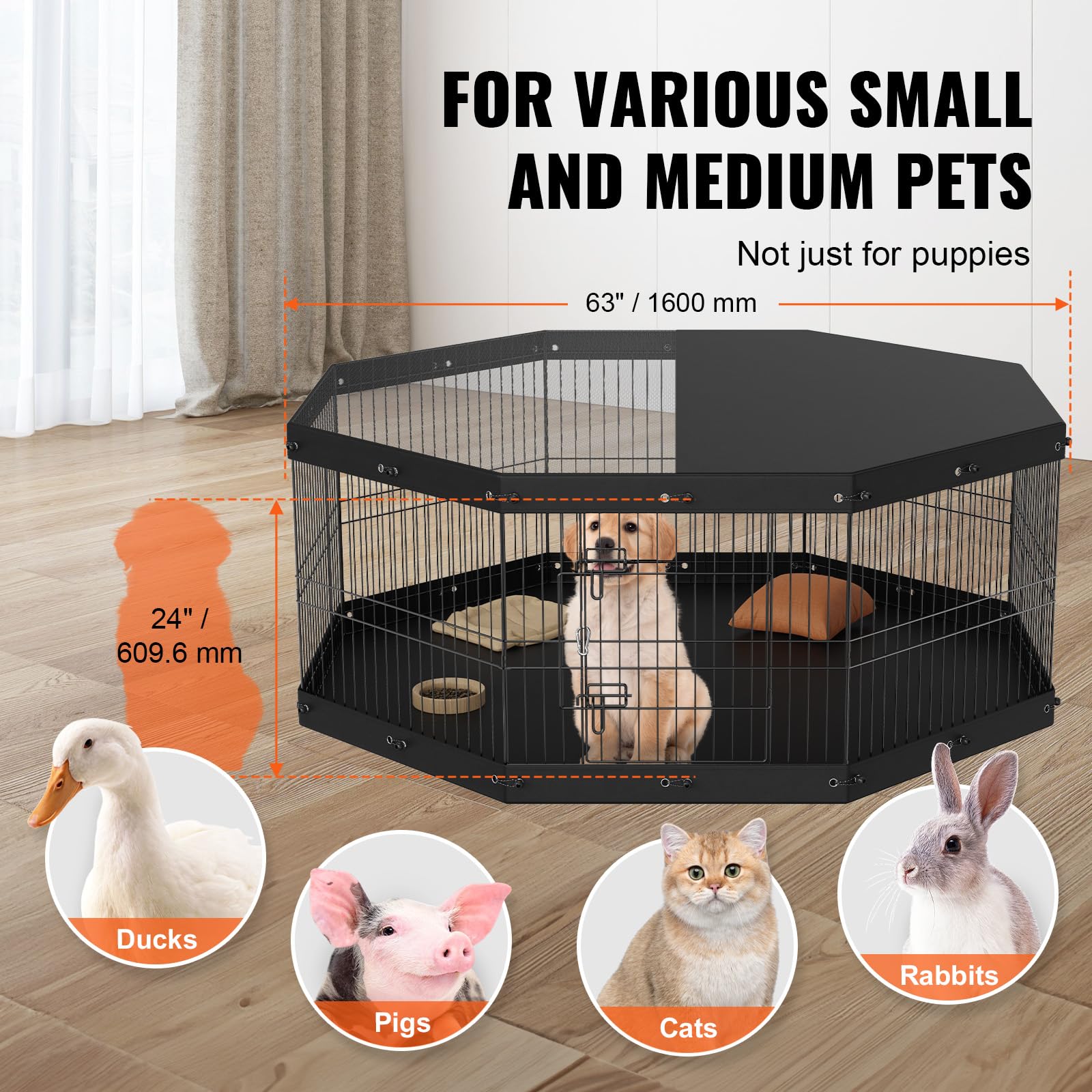 VEVOR Dog Playpen, 8 Panels Foldable Metal Dog Exercise Pen with Top Cover and Bottom Pad, 24 H Pet Fence Puppy Crate Kennel, In
