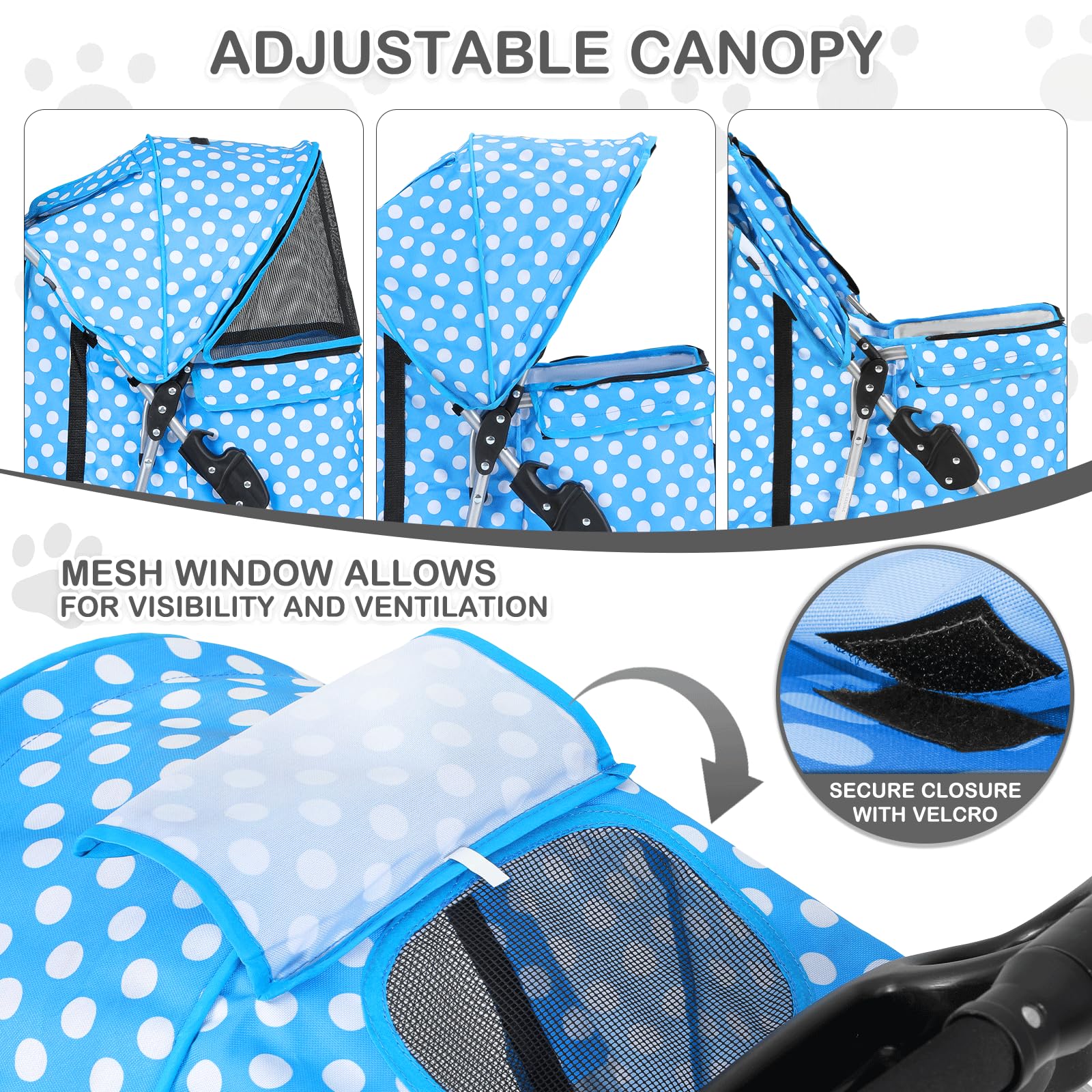 Monibloom 3 Wheels Pet Dog Cat Stroller For Small Medium Dogs Cats, Foldable Jogger Stroller W/Storage Basket And Cup Holder, Sky Blue Polka Dots