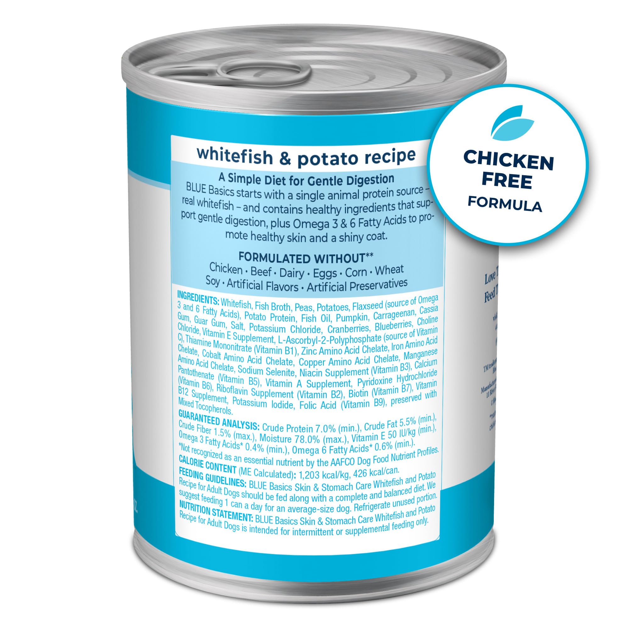 Blue Buffalo Basics Grain-Free Adult Wet Dog Food, Skin & Stomach Care, Limited Ingredient Diet, Whitefish Recipe, 12.5-oz. Can,
