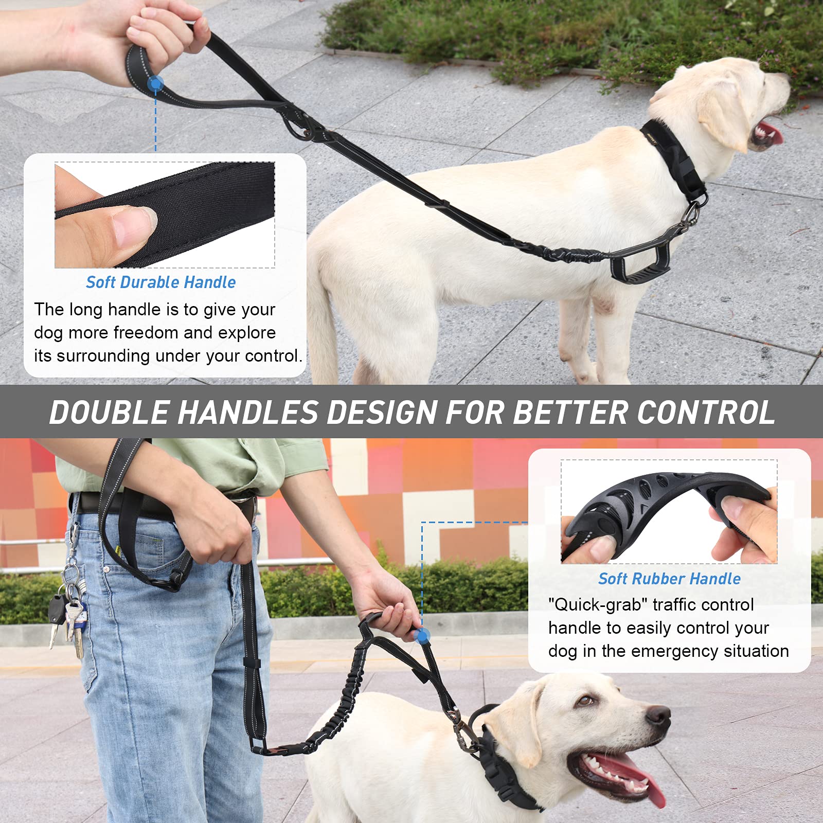 Hotsky Dog Leash For Large Dogs, Heavy Duty Tactical Dog Leash Rope With Control Handle Car Seatbelt Highly Reflective Threads, 4Ft 6Ft Retractable Bungee Dog Leash Tether With For Training, Black