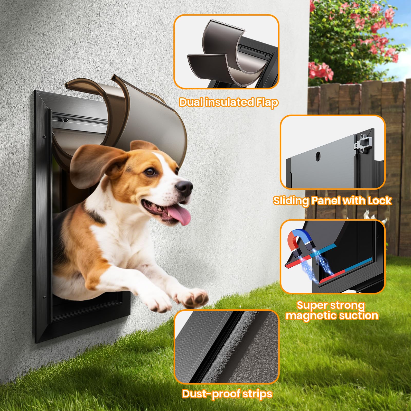 Doggy Door, All Aluminum Dog Door For Wall, Medium Doggie Pet Door, With Closing Panel, 2 Magnetic Flaps Energy Efficient, Wide