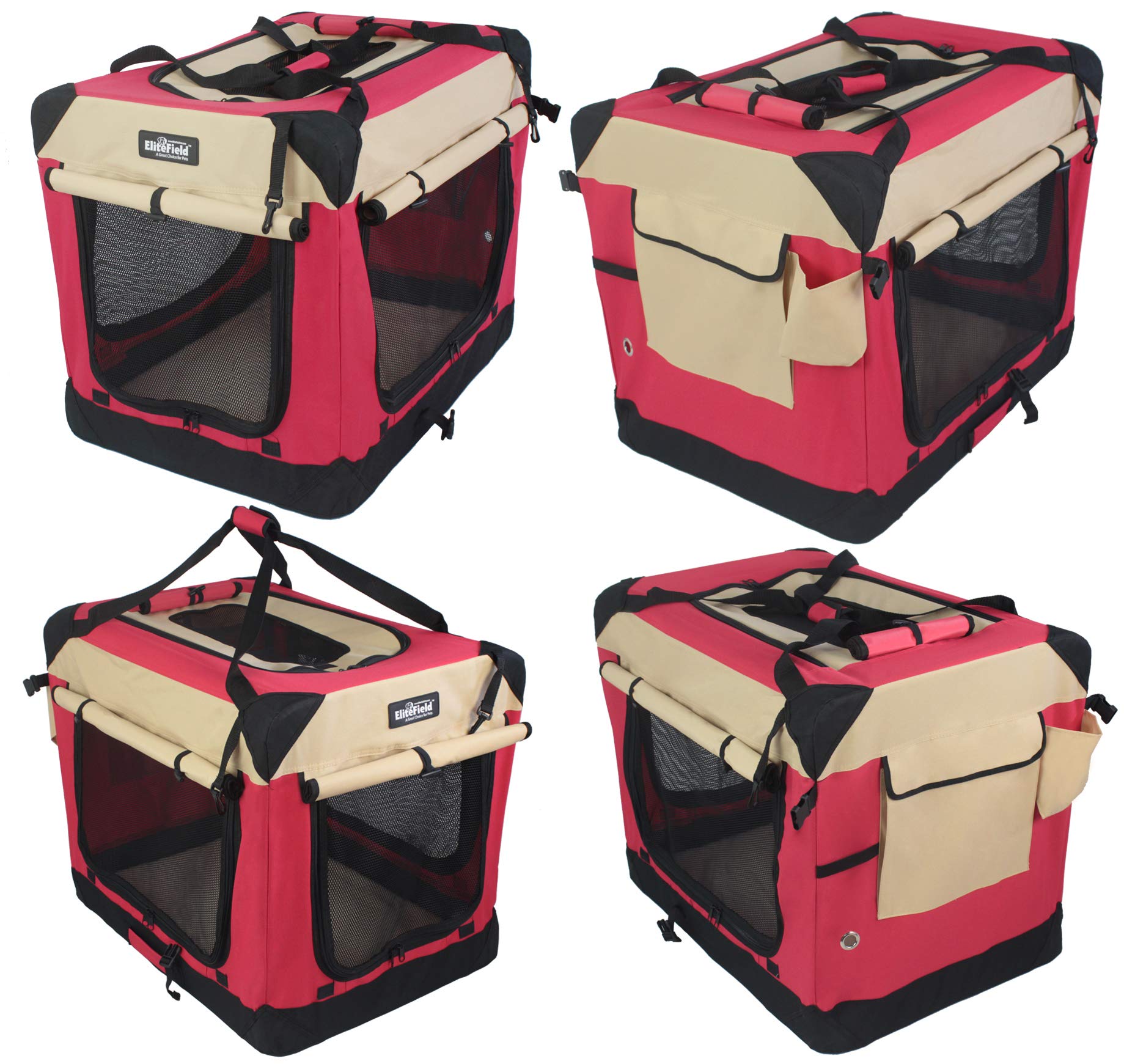 EliteField 4-Door Folding Soft Dog Crate, Indoor & Outdoor, 30" L x 21" W x 24" H, Red+Beige, Includes Carrying Bag &