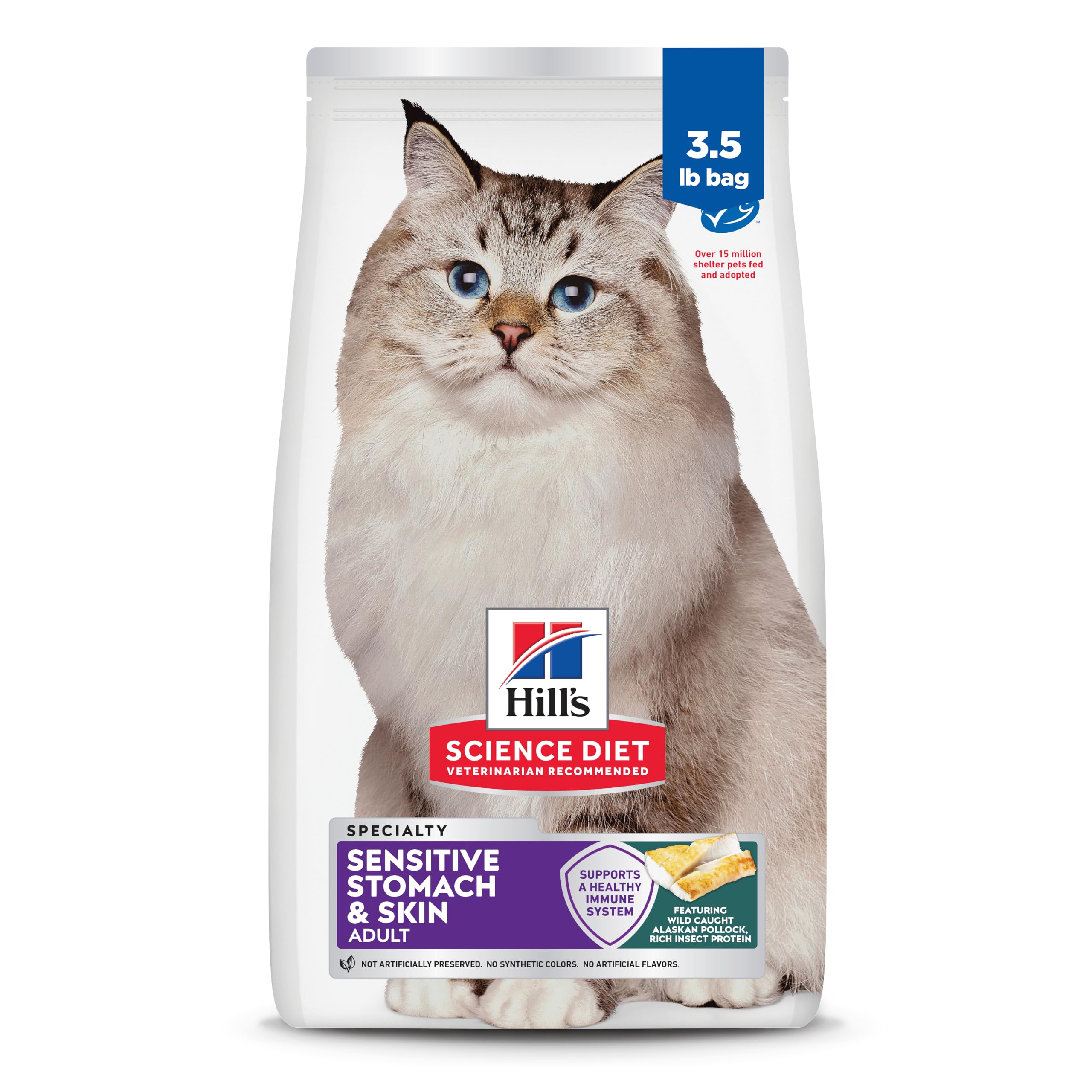 Hills Science Diet Sensitive Stomach & Skin, Adult 1-6, Stomach & Skin Sensitivity Support, Dry Cat Food, Pollock & Barley, 3.5