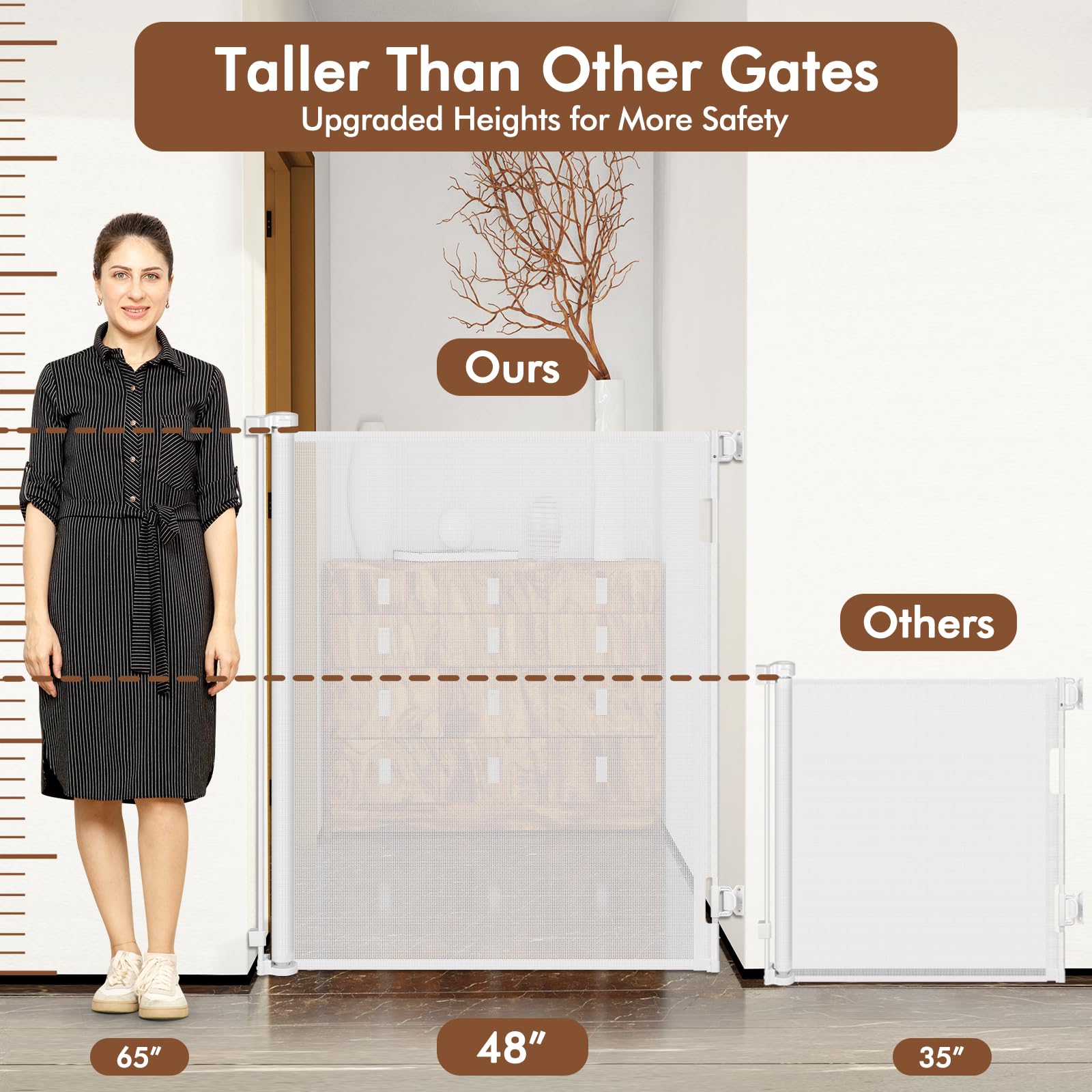 48 Inch Extra Tall Retractable Baby Gates, Extends to 55'' Wide, Extra Tall Dog Gate for Doorways Indoor Tall Mesh Gate Extra Ta