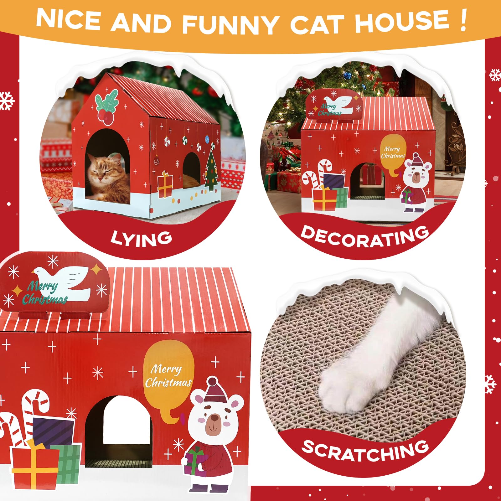 Christmas Cardboard Cat House With Scratching Pad (15''X12''X15'') Cat Play House For Indoor Cats, Christmas Decorations Scratch