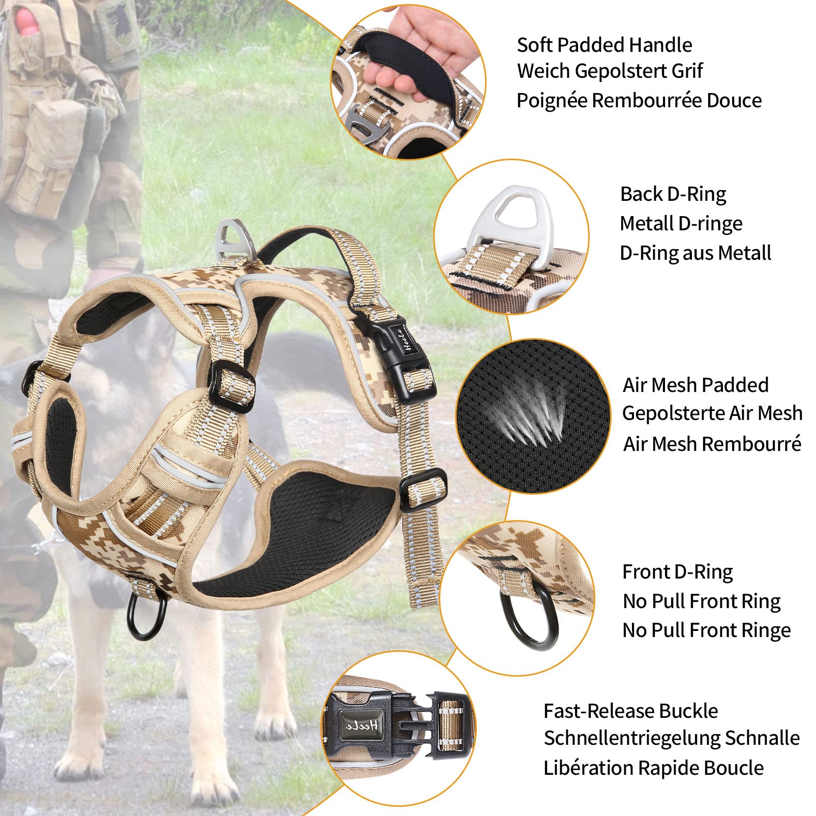 Heele Dog Harness, No Pull Adjustable Padded Reflective Harness For Small Medium Large Dogs With Handle For Walking Training,Cam
