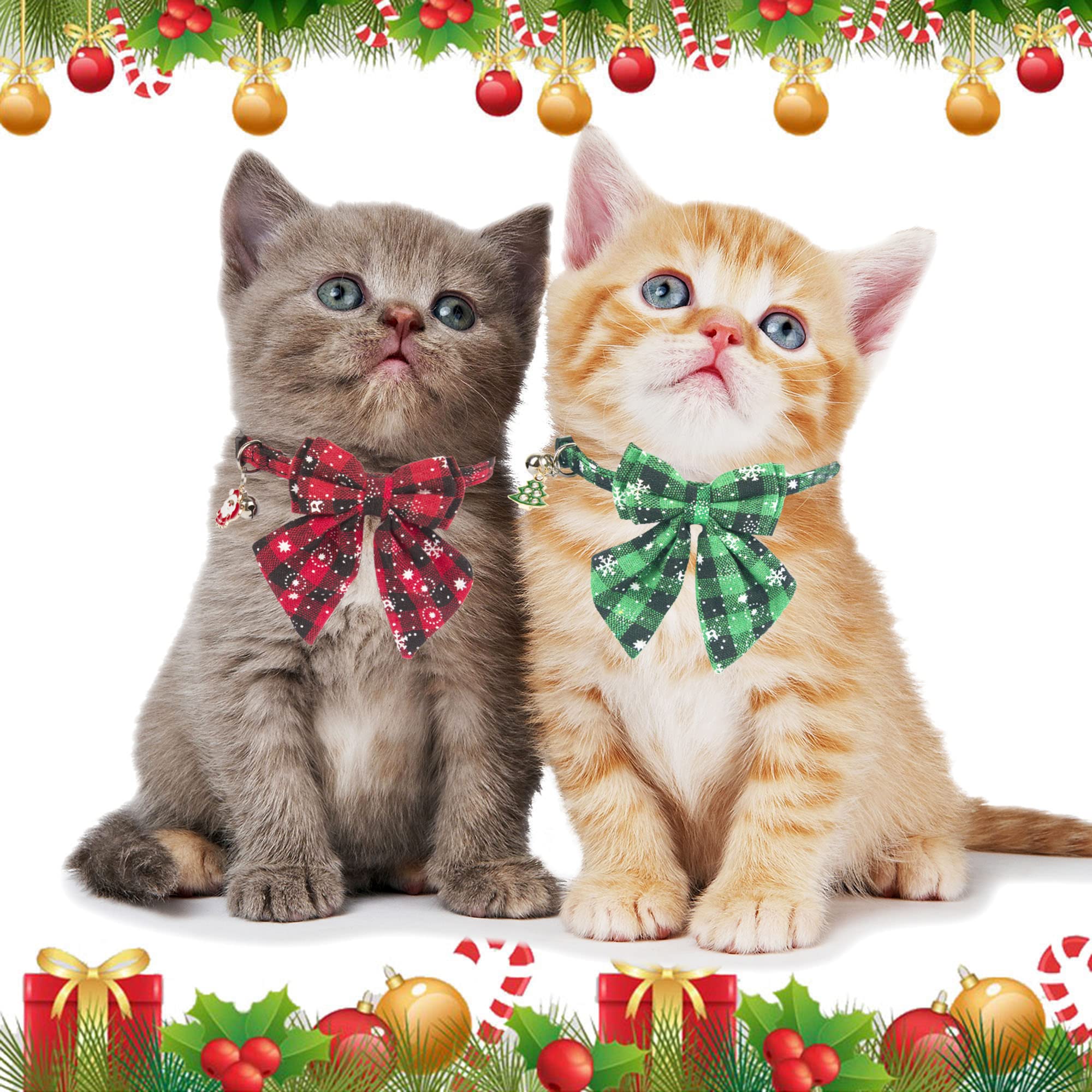Adoggygo Christmas Cat Collars Breakaway With Stylish Bow, 2 Pack Red Green Plaid Christmas Kitten Collar With Bell, Removable Bowtie Cat Christmas Collar For Cats Kittens (6.5'- 8.5', Bow-2)