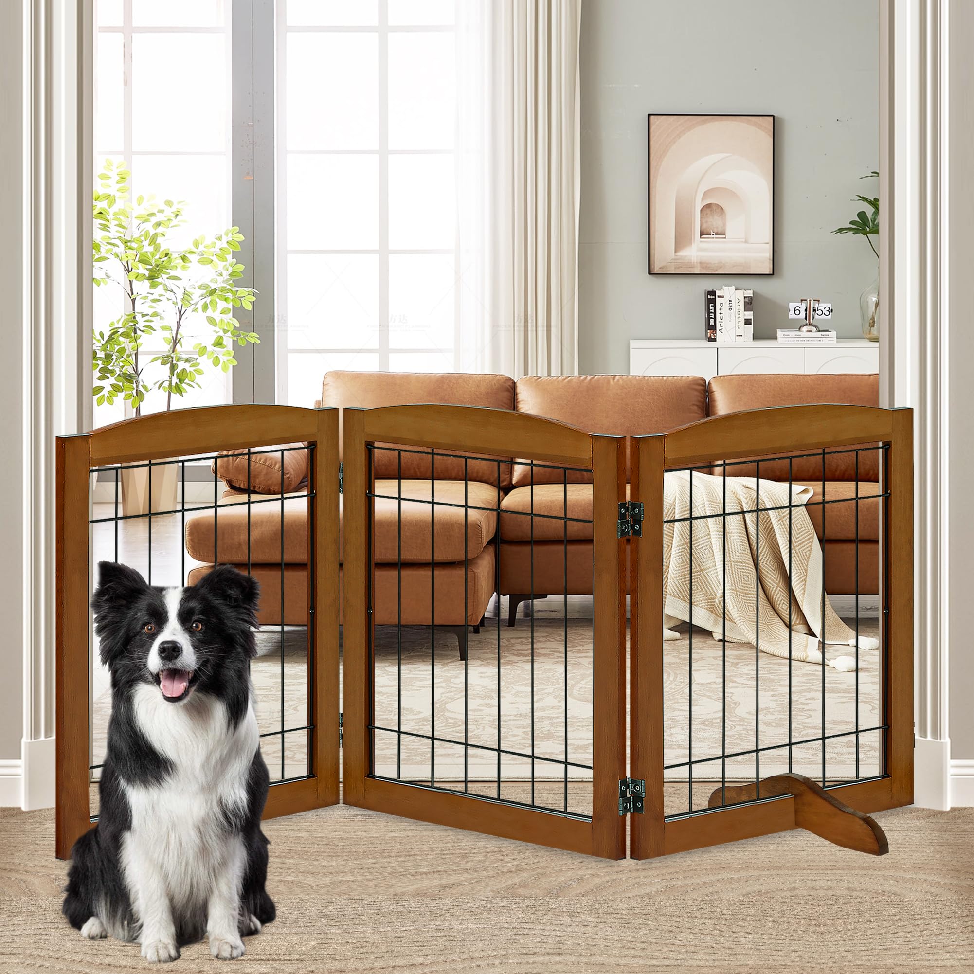 LZRS 3-Panel Freestanding Adjustable Wooden Dog Gate-30  Tall Foldable Pet Barrier with Support Feet, Chew-Resistant Solid Hardw