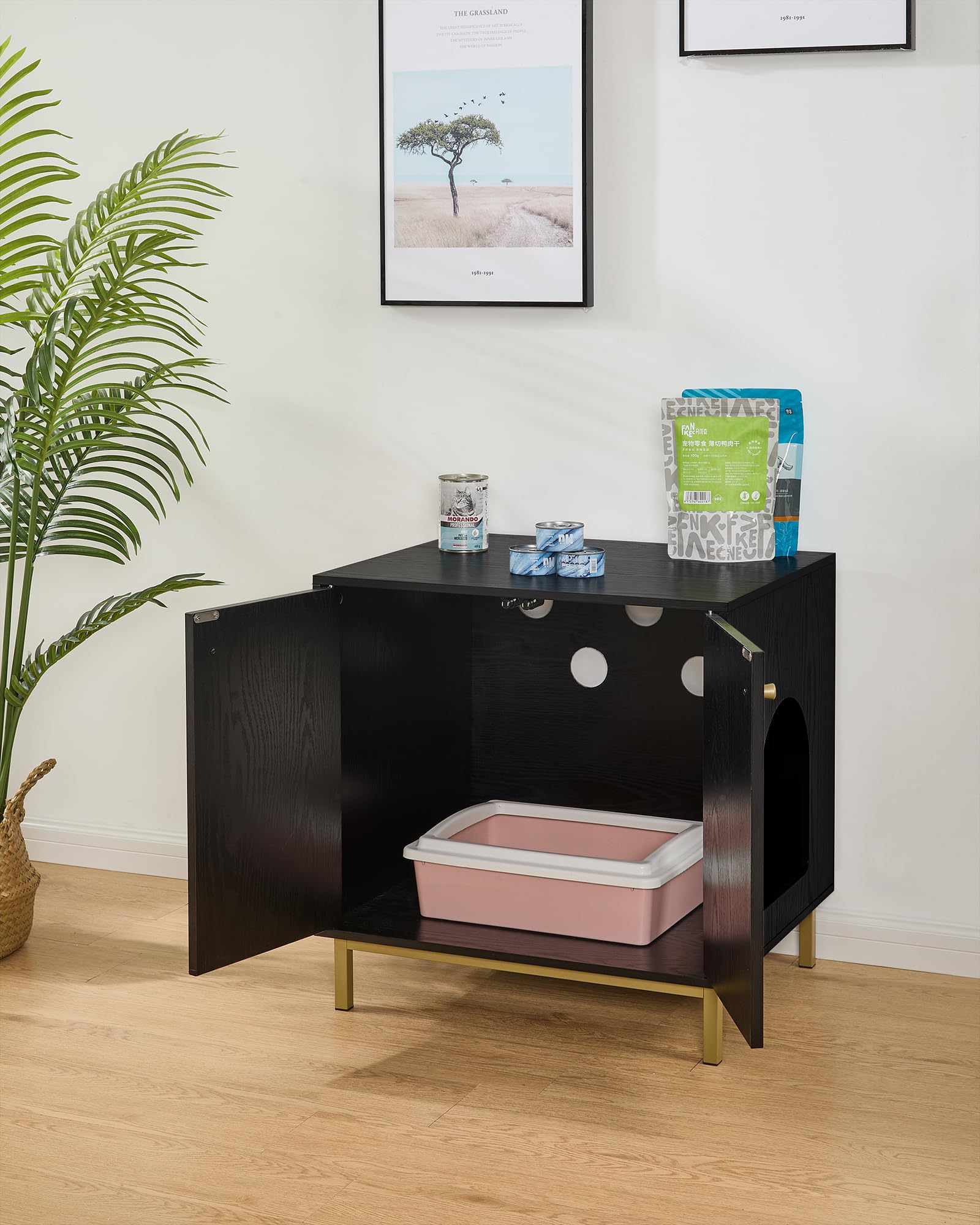 Hzuaneri Cat Litter Box Enclosure, Hidden Litter Box Furniture, Wooden Pet House Side End Table, Storage Cabinet Bench, Fit Most Cat And Litter Box, Living Room, Bedroom, Black And Gold Cb81204G