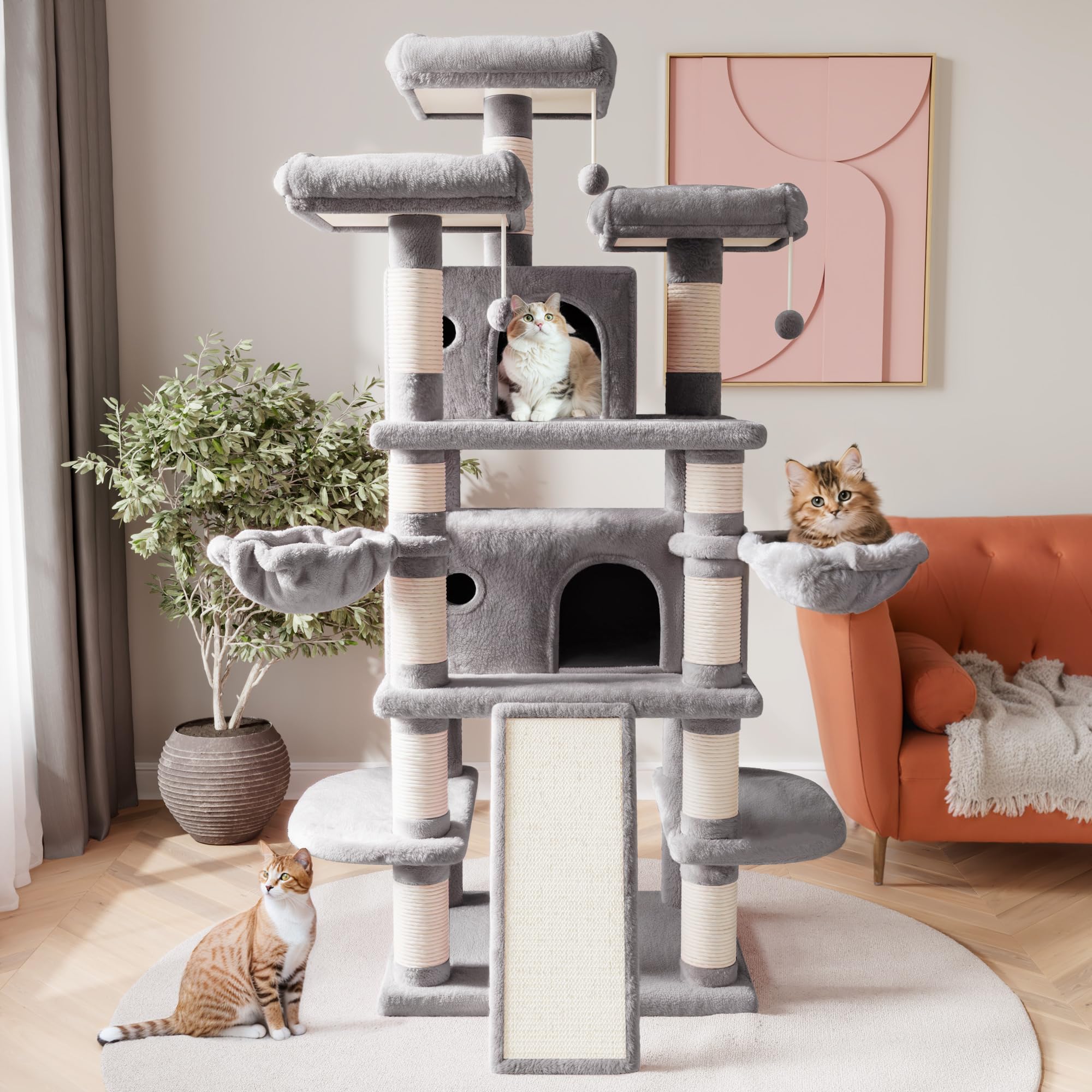 Sha Cerlin 68 Inches Multi-Level Large Cat Tree For Large Kitties/Big Cat Tower With Condo/Cozy Plush ‌Pussycat Perches/Sisal Scratching Posts And Hammocks/Activity Center/Grey