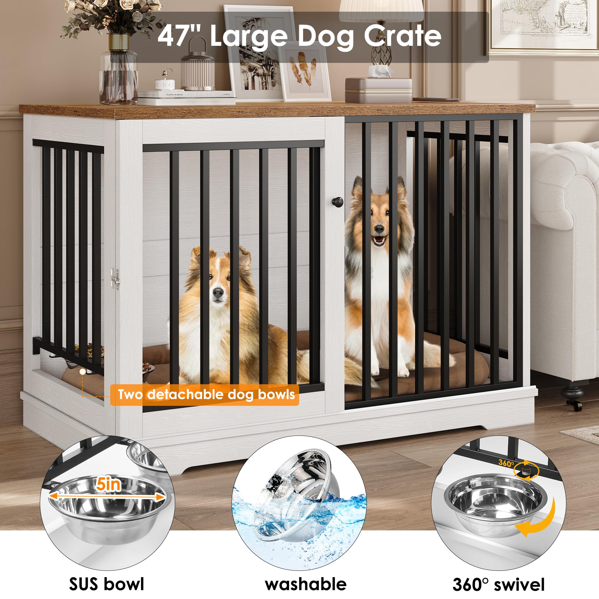 Dog Crate Furniture 47'' Large Dog Kennel For Dogs Indoor, Heavy Duty Dog Cage With Sliding Door And 2 Sus Bowls Wooden End Tabl