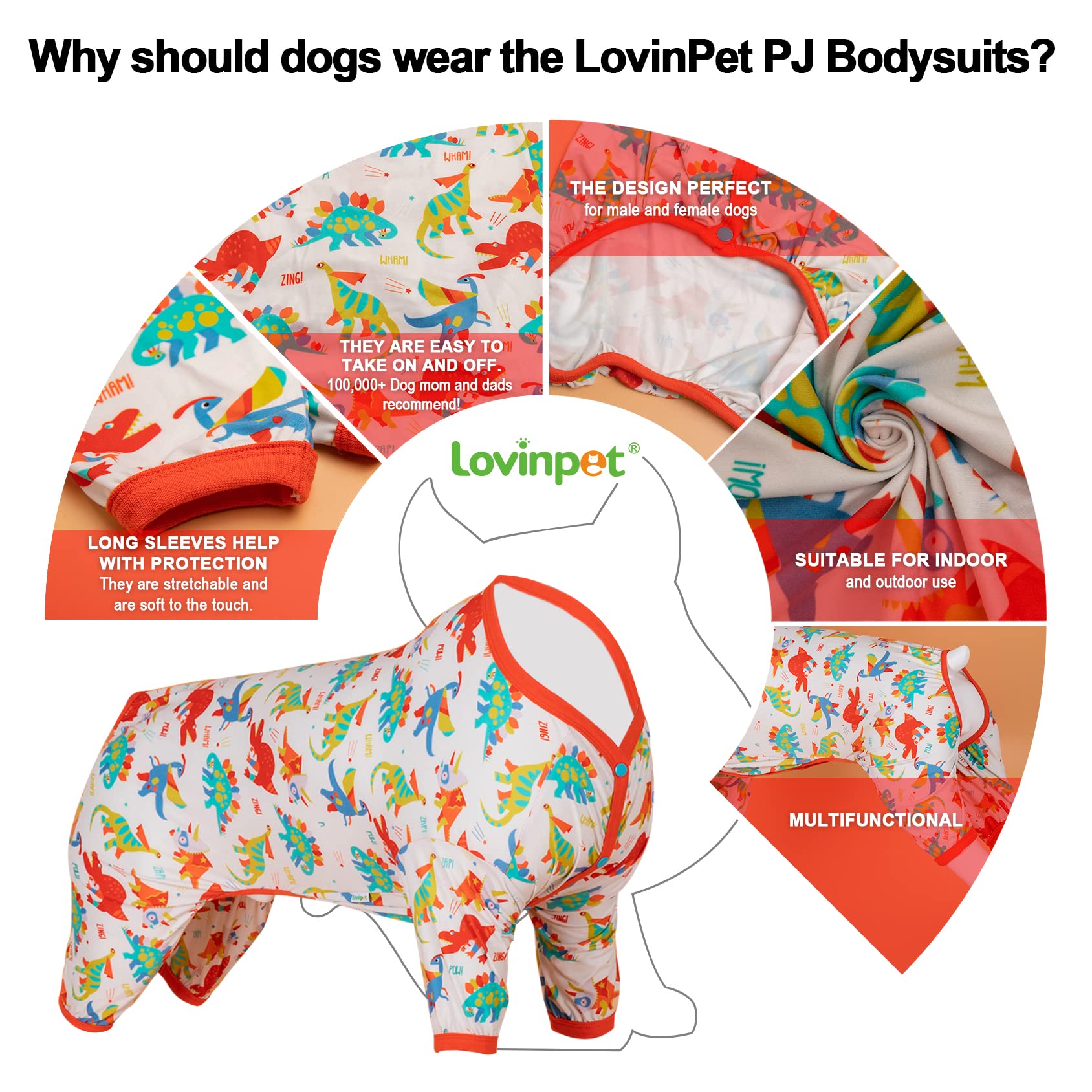Lovinpet Large Dog Pajamas, Undershirt For Dog Coats, Anti Licking, Pet Anxiety Calming Onesies For Dogs, White Dinos Print, Lar