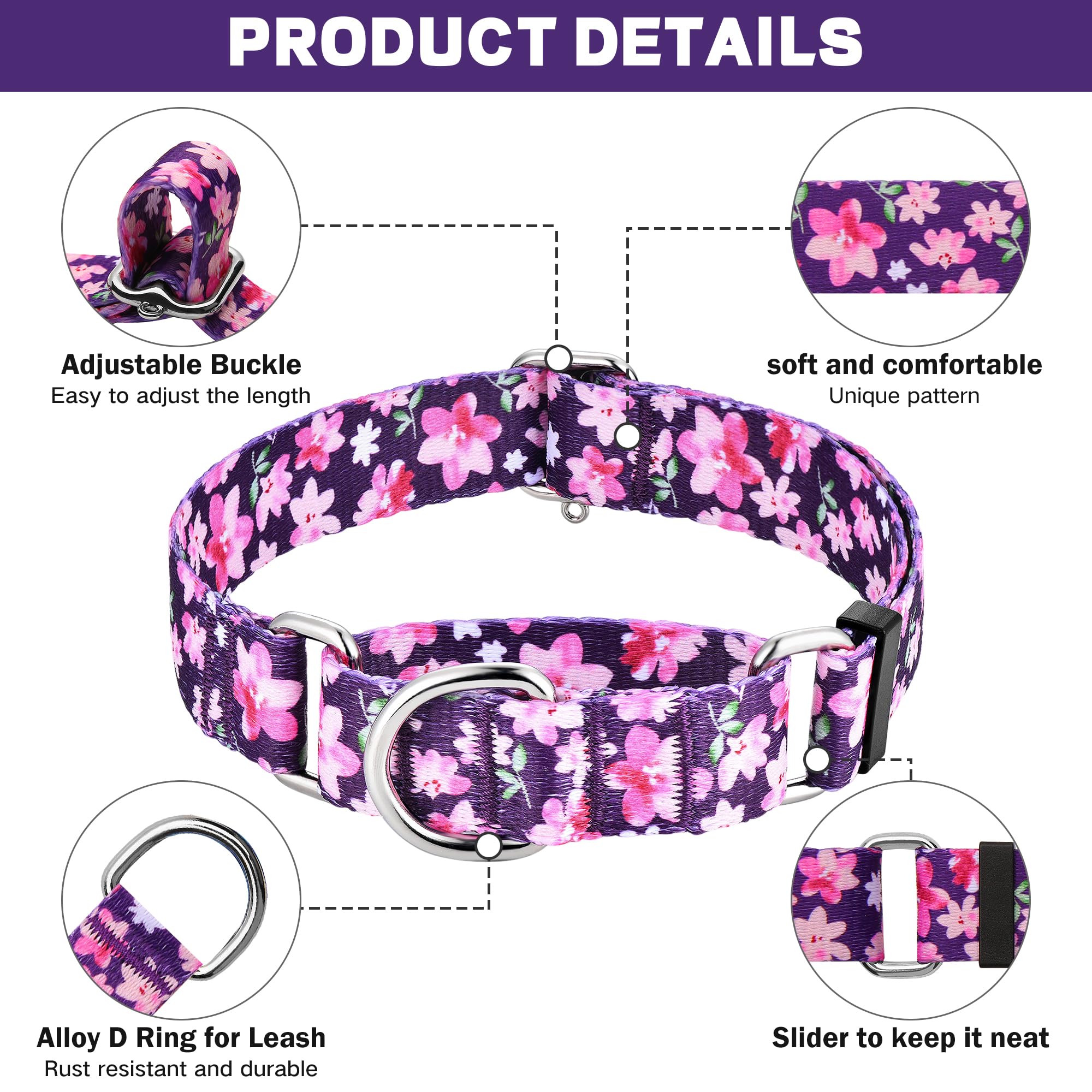 Hikiko Martingale Collar For Dogs With No Buckle Purple Floral Female Dog Collar Cute Girl Dog Collars For Small Dogs,Japanese P