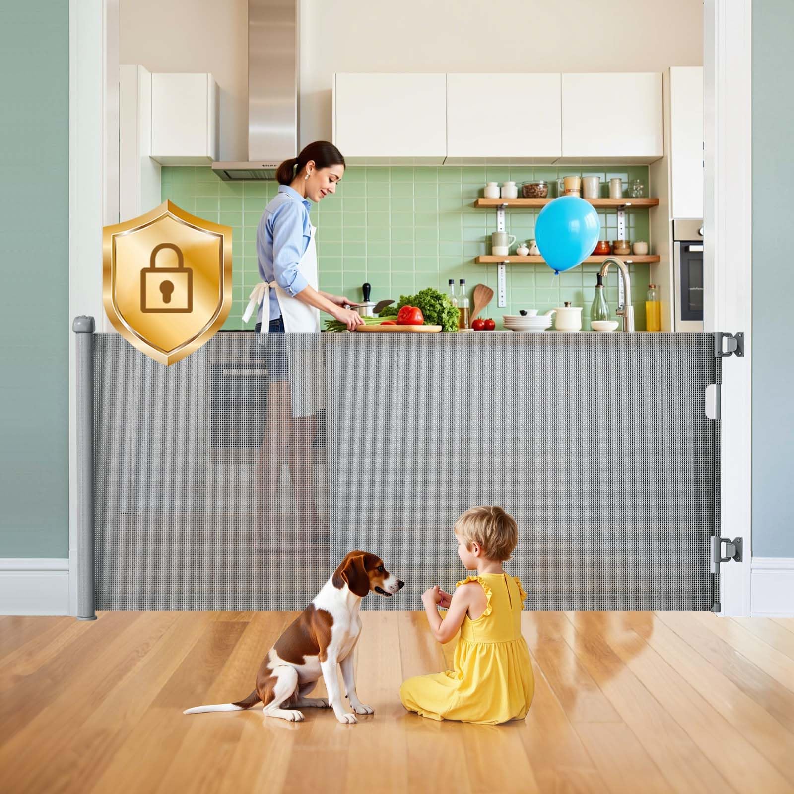 Hardware Mount Retractable Baby Gates for Stairs with Auto-Lock,33'' Tall,Extends up to 71'' Wide Mesh Double Lock Safety Baby D