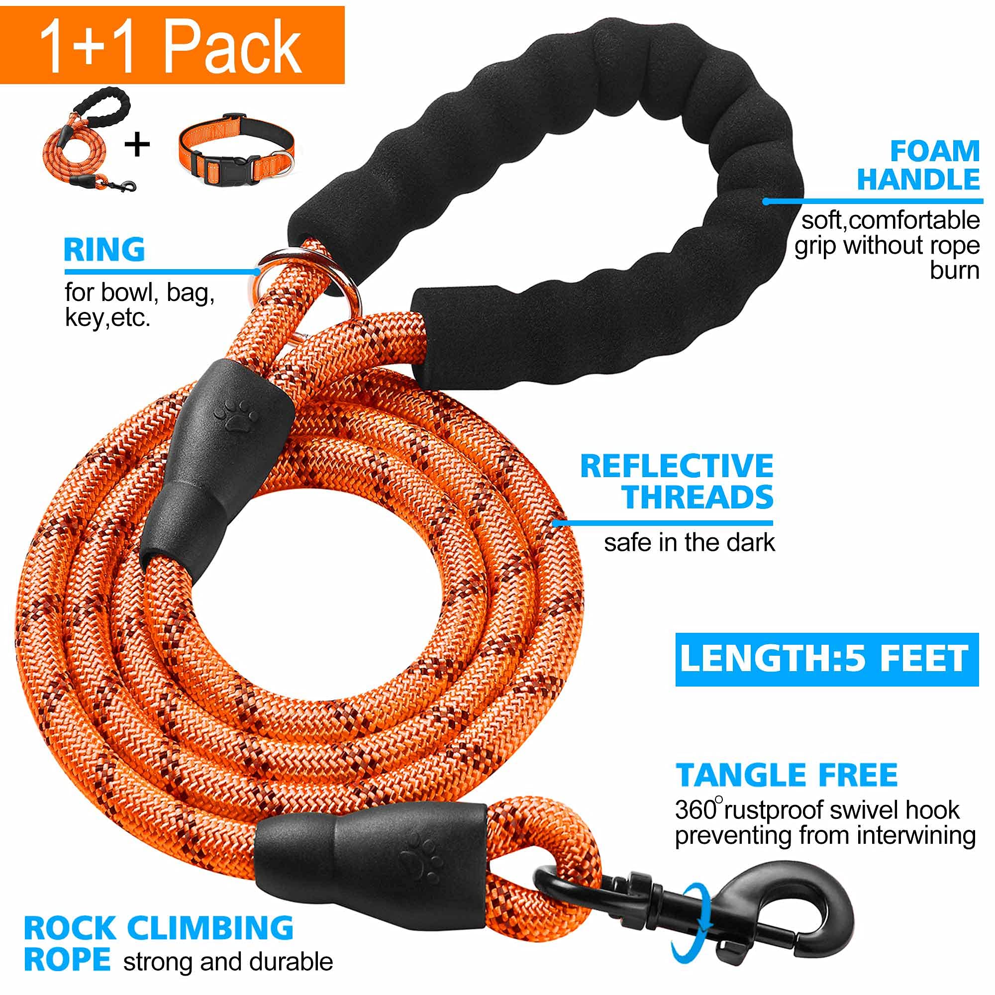 Ladoogo Reflective Dog Collar Padded With Soft Neoprene Breathable Adjustable Nylon Dog Collars For Small Medium Large Dogs (X-Small (Pack Of 1), Orange Collar+Leash)