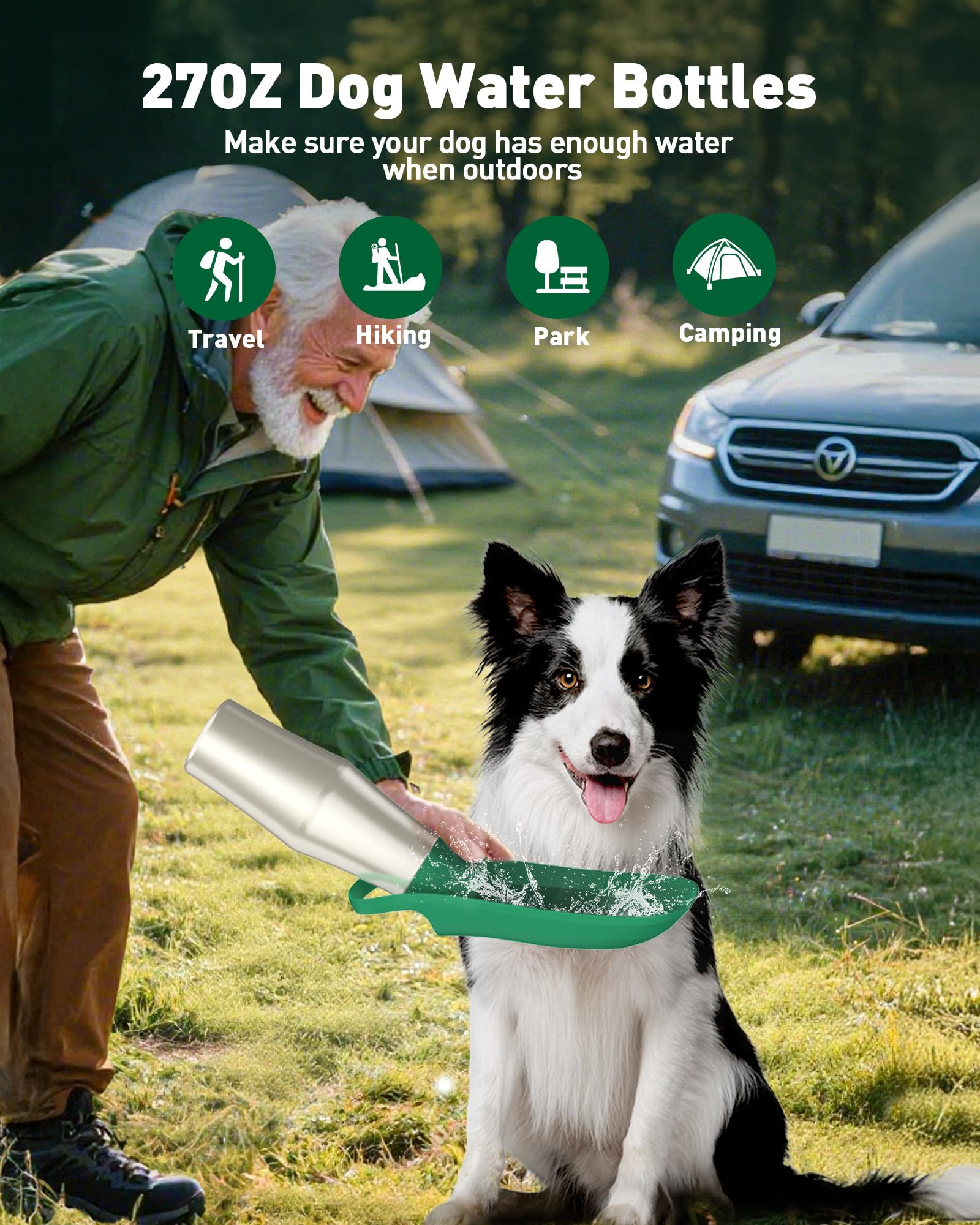 Portable Dog Water Bottle Bowl - 27 oz Travel Water Bowl Dispenser for Dogs, Stainless Steel Leak-Proof, A Must-Have for Outdoor