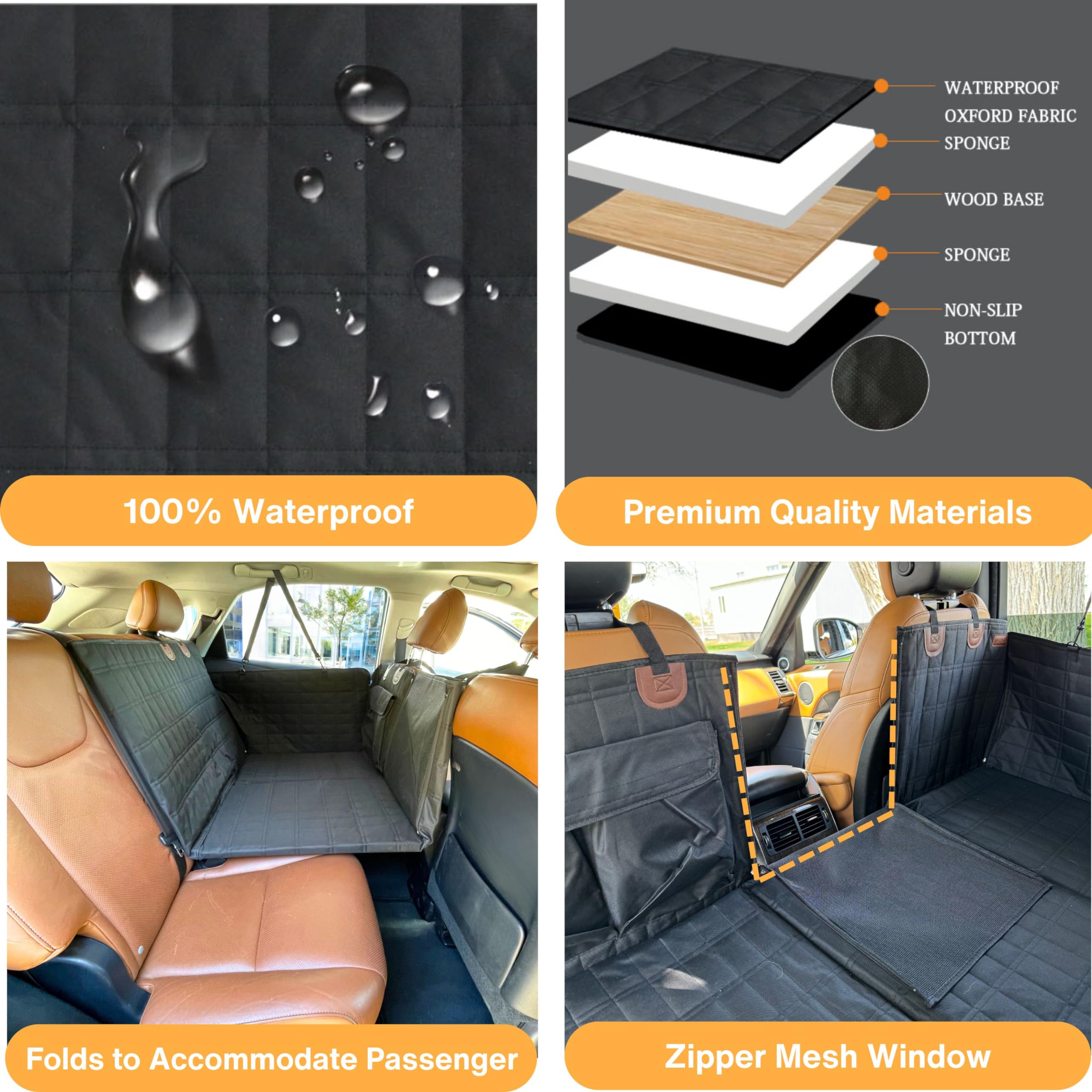 Dog Back Seat Extender - Waterproof Mesh Platform for Cars, Trucks, SUVs - With Storage Pockets and Door Covers (Black)