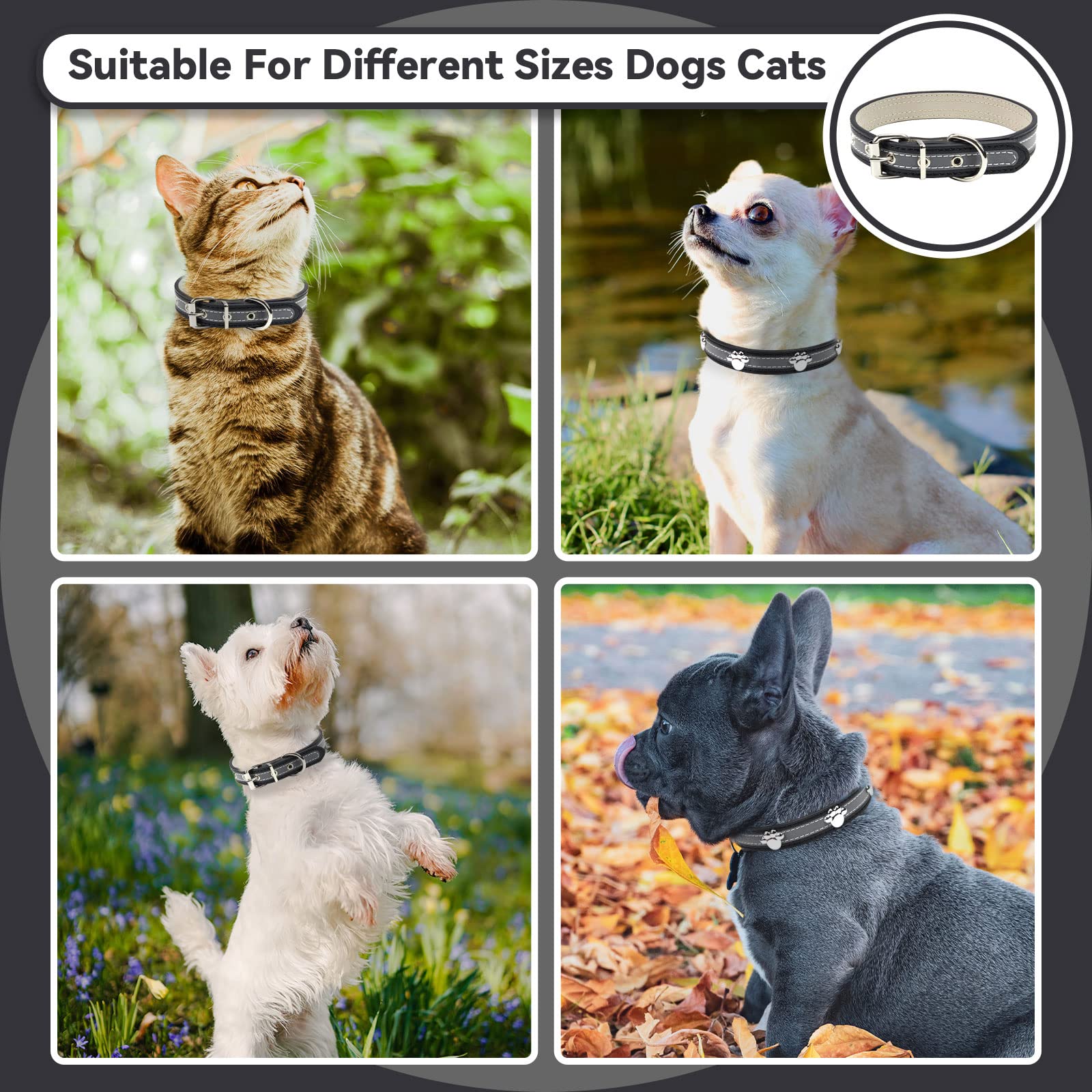 Petcare Reflective Dog Collar With Cute Paw Rivet Studded Funny Soft Pu Leather Adjustable Puppy Dog Collars For Small Medium Large Dogs Cats (Black,Small)