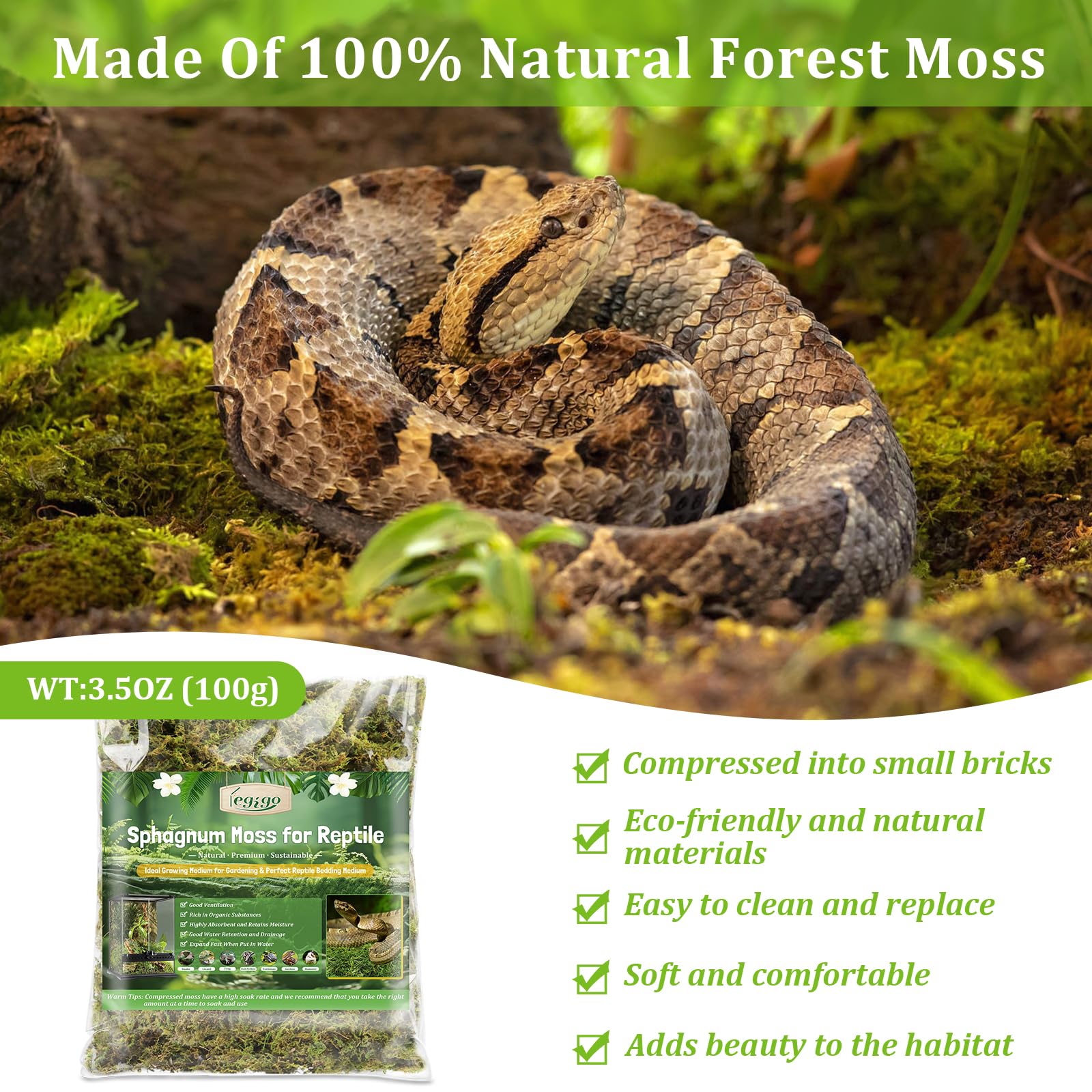 Legigo 3.5 Oz Sphagnum Moss For Reptile- 4 Qt Natural Reptile Moss Terrarium Moss Substrate, Snake Tank Moss Peat Moss Reptile B