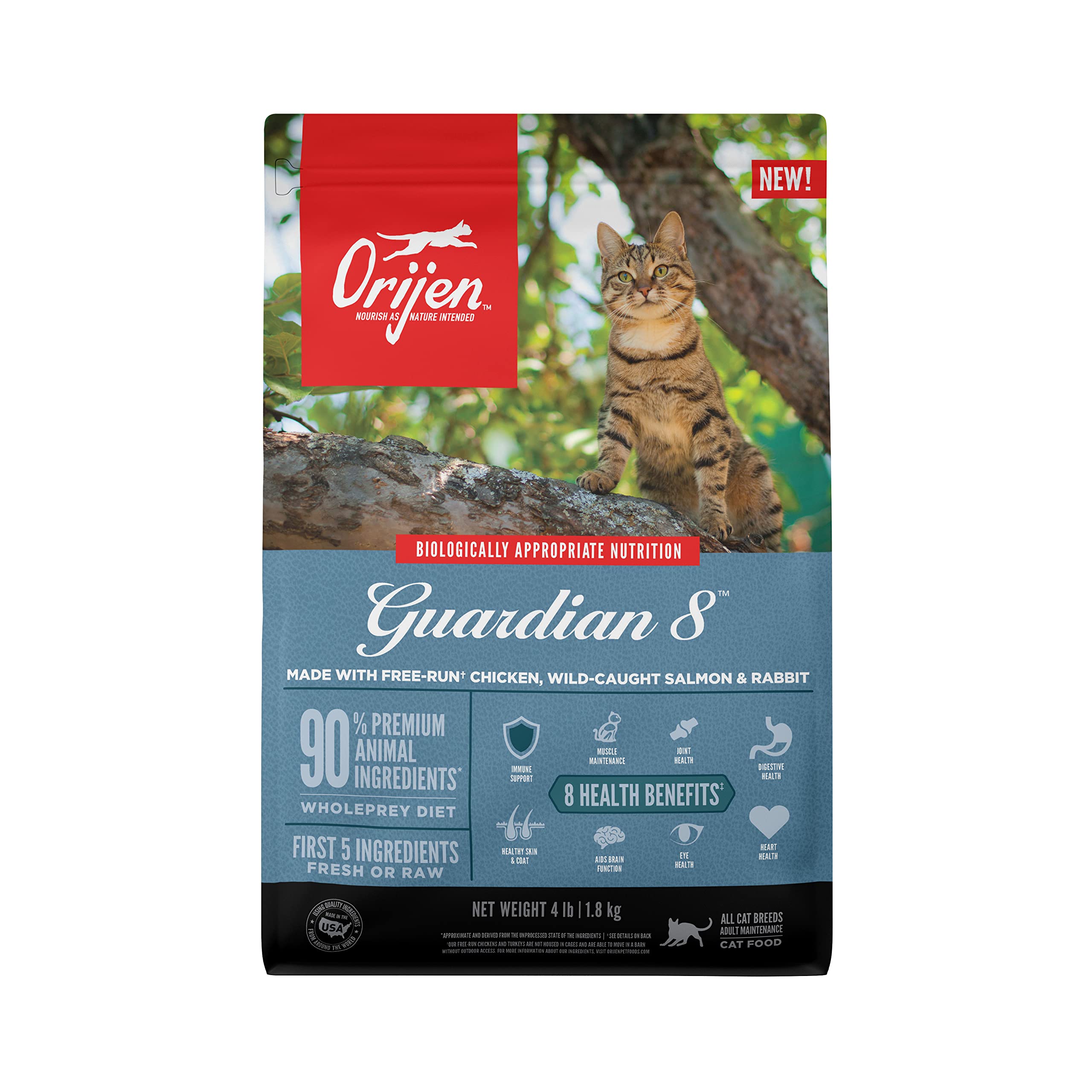 ORIJEN Guardian 8 Dry Cat Food, Grain Free Cat Food for Adult Cats, with Chicken, Salmon and Rabbit, 4lb