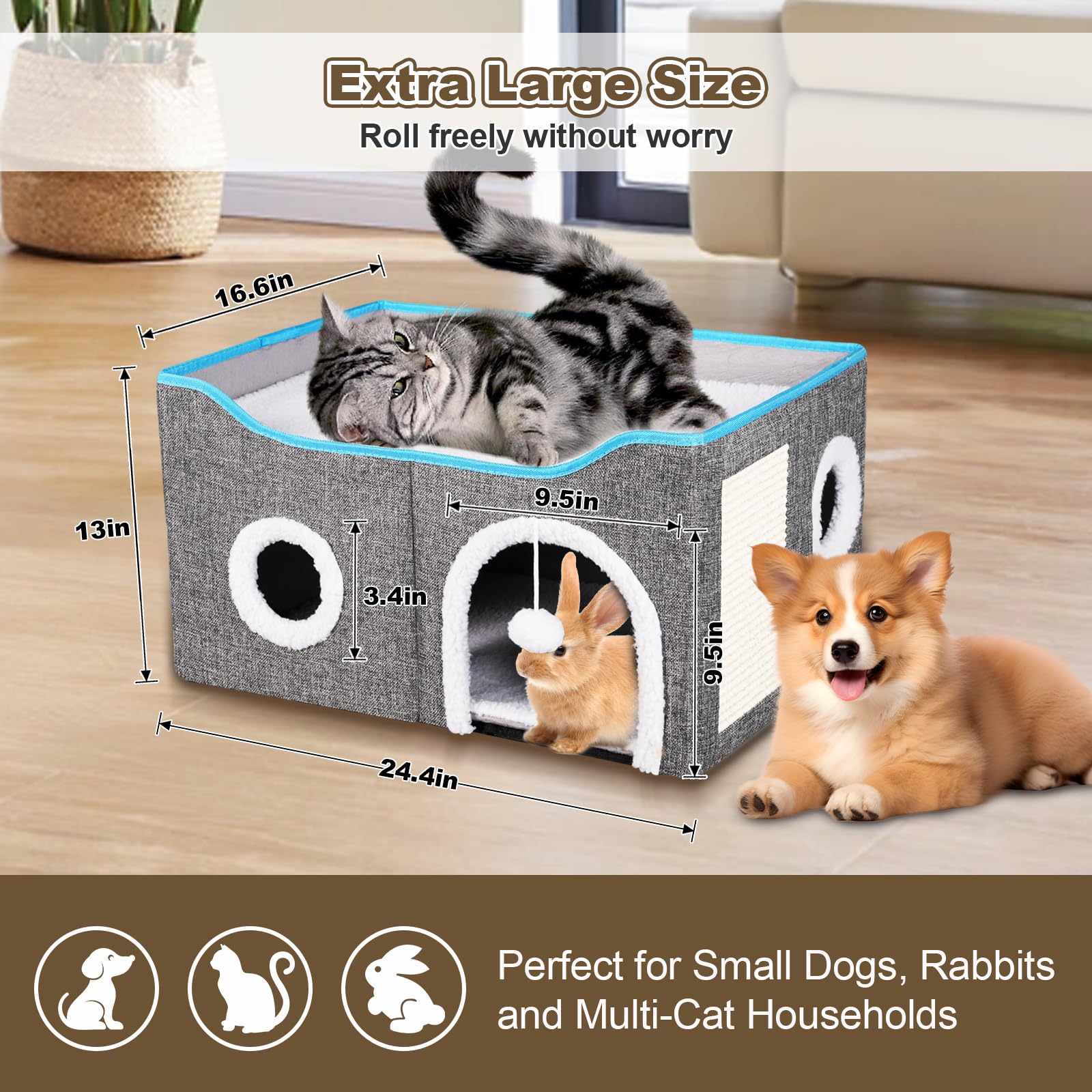 Cat House For Indoor Cats - Foldable Cat Bed Cave With Scratch Pad, Fluffy Ball, And Cat Hole - Durable & No Sagging Cat Condo,