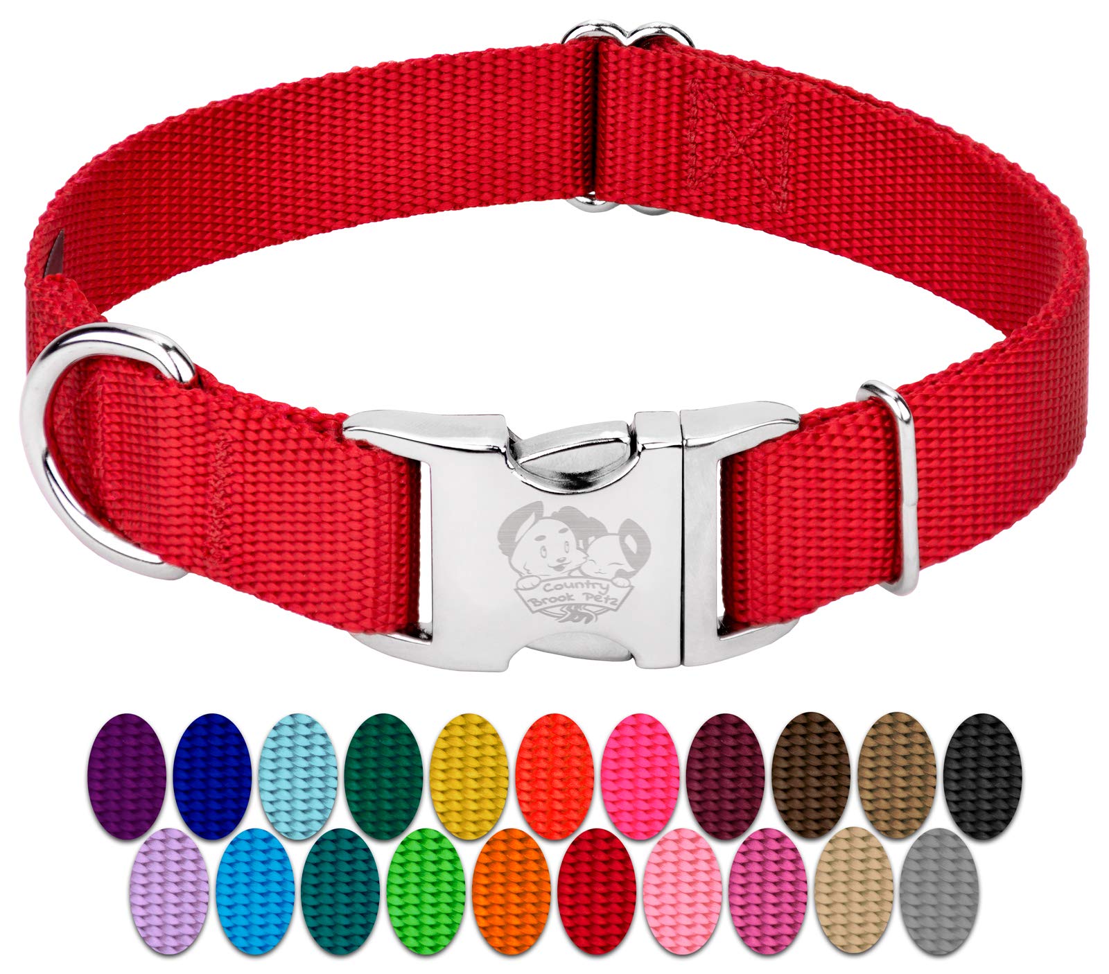 Country Brook Design - Vibrant 30+ Color Selection - Premium Nylon Dog Collar With Metal Buckle (Small, 3/4 Inch, Bright Red)