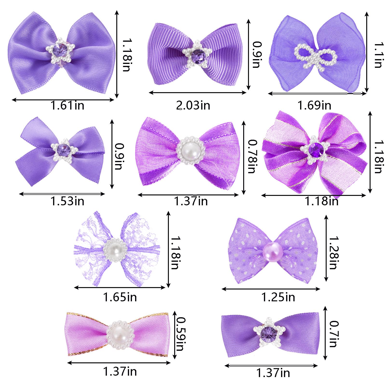 20 Pcs Cute Dog Hair Bows With Rubber Bands Elastic Handmade Mix Style Lace Rhinestone Pearls For Furry Puppy Cat Pet Girl, Purp