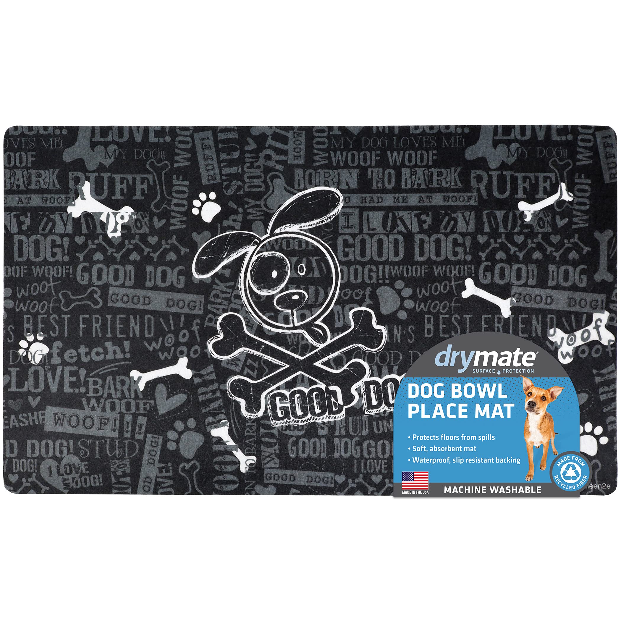 Drymate Dog Bowl Placemat, Pet Food Feeding Mat - Absorbent Fabric, Waterproof Backing, Slip-Resistant - Machine Washable/Durabl