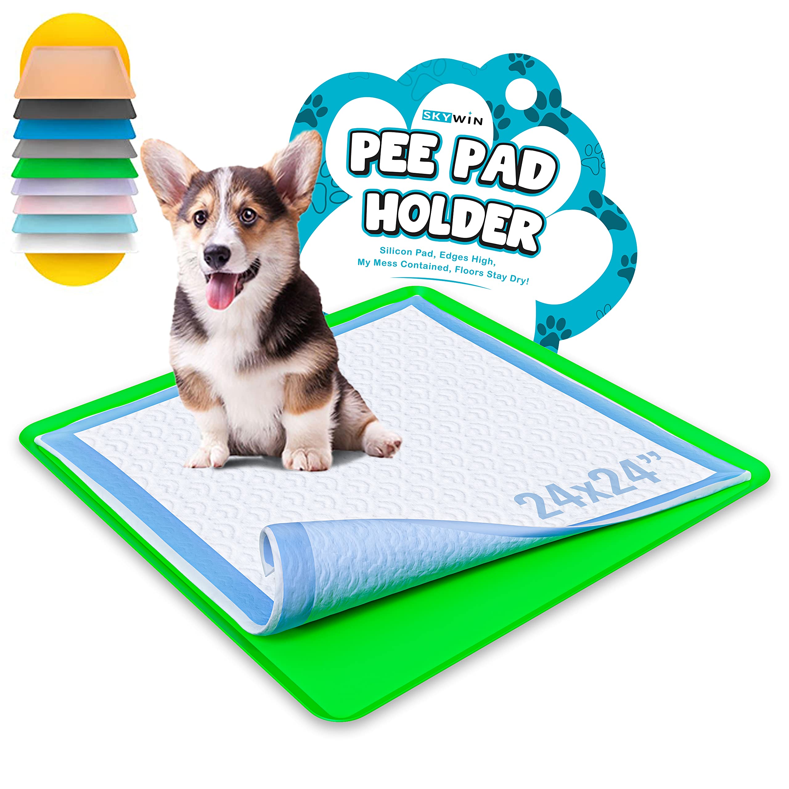 Skywin Tidyfriend Dog Puppy Pad Holder Tray For 24 X 24 Inches Training Pads - Silicone Wee Wee Pad Holder, No Spill Pee Pad Hol