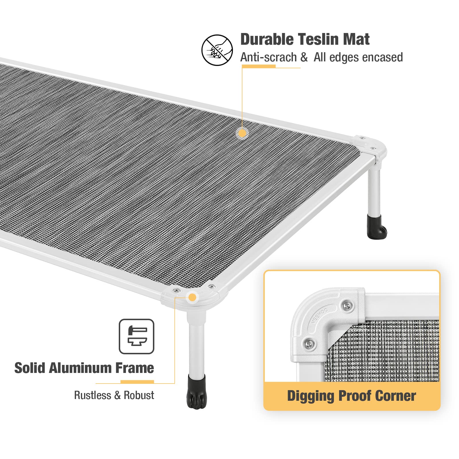 Veehoo Chew Proof Elevated Dog Bed - Cooling Raised Pet Cot - Silver Aluminum Frame And Durable Textilene Mesh Fabric, Unique Designed No-Slip Feet For Indoor Or Outdoor Use, Black Silver, X Large