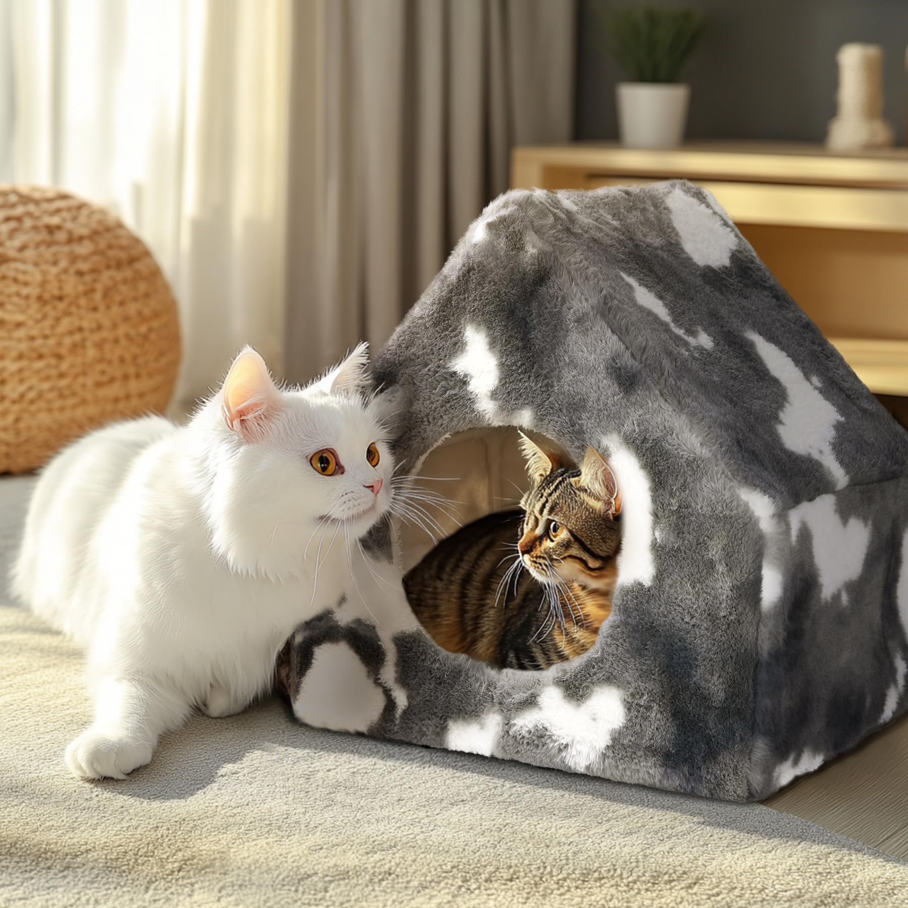 Comsaf Cat Bed Cave House - Winter Pet House With Fluffy Covered Cat Beds For Indoor Cats, Detachable Washable Plush Cat Hideawa