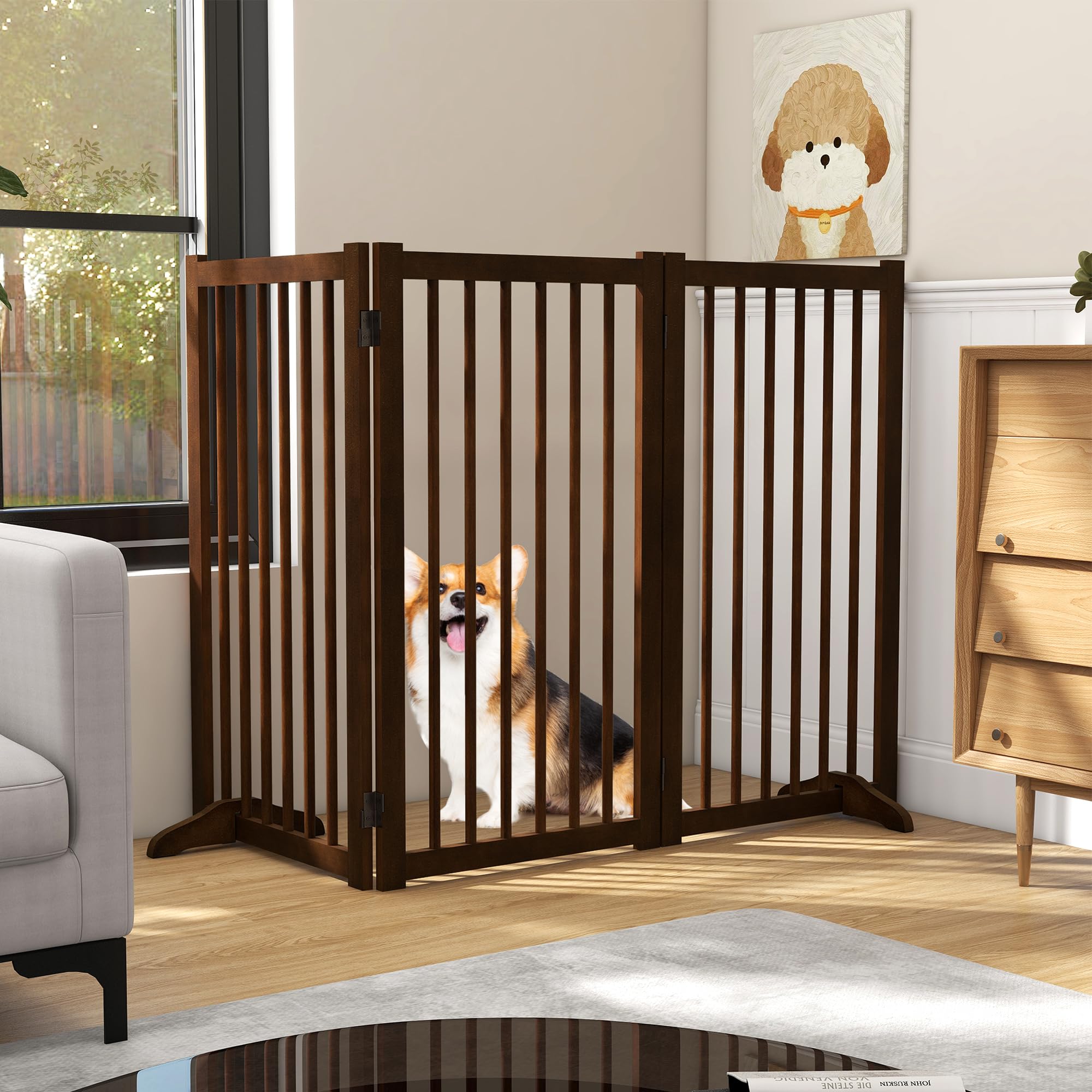 36 H Freestanding Pet Gate, Solid Wood Foldable Dog Gate with Support Feet, Wooden Tall Dog Gate for Doorway, Stairs & Indoor Us