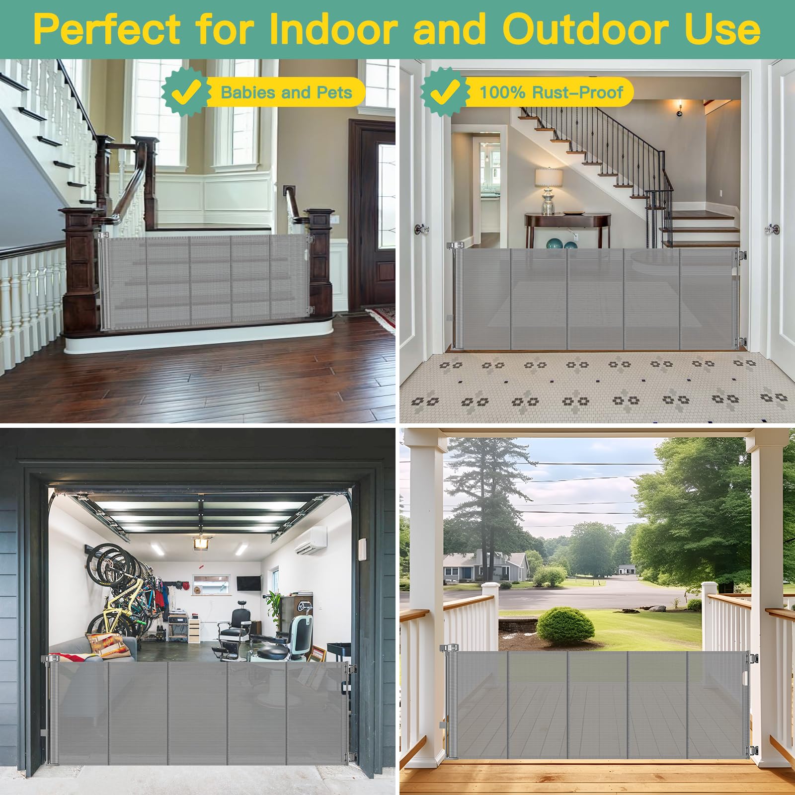 Upgraded 60 Wide Retractable Dog Gate with Reinforced Rods - Bottom Anti-Escape, 5 ft Retractable Baby Gates for Doorways Retrac