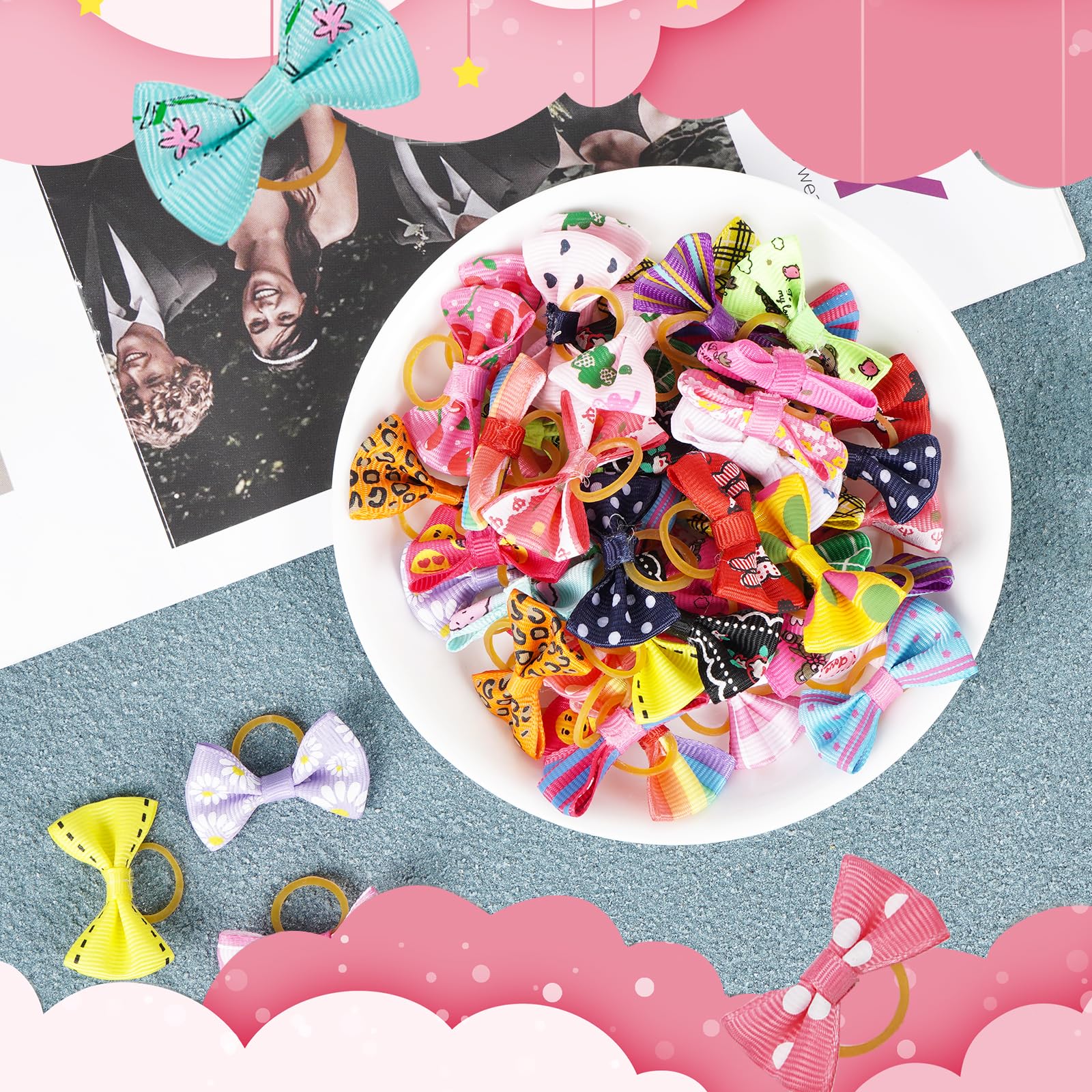 Chenkou Craft 50Pcs/25Pairs Puppy Yorkie Dog Hair Bows With Rubber Band Pet Grooming Products Mix Colors Varies Patterns Pet Hair Bows Dog Accessories