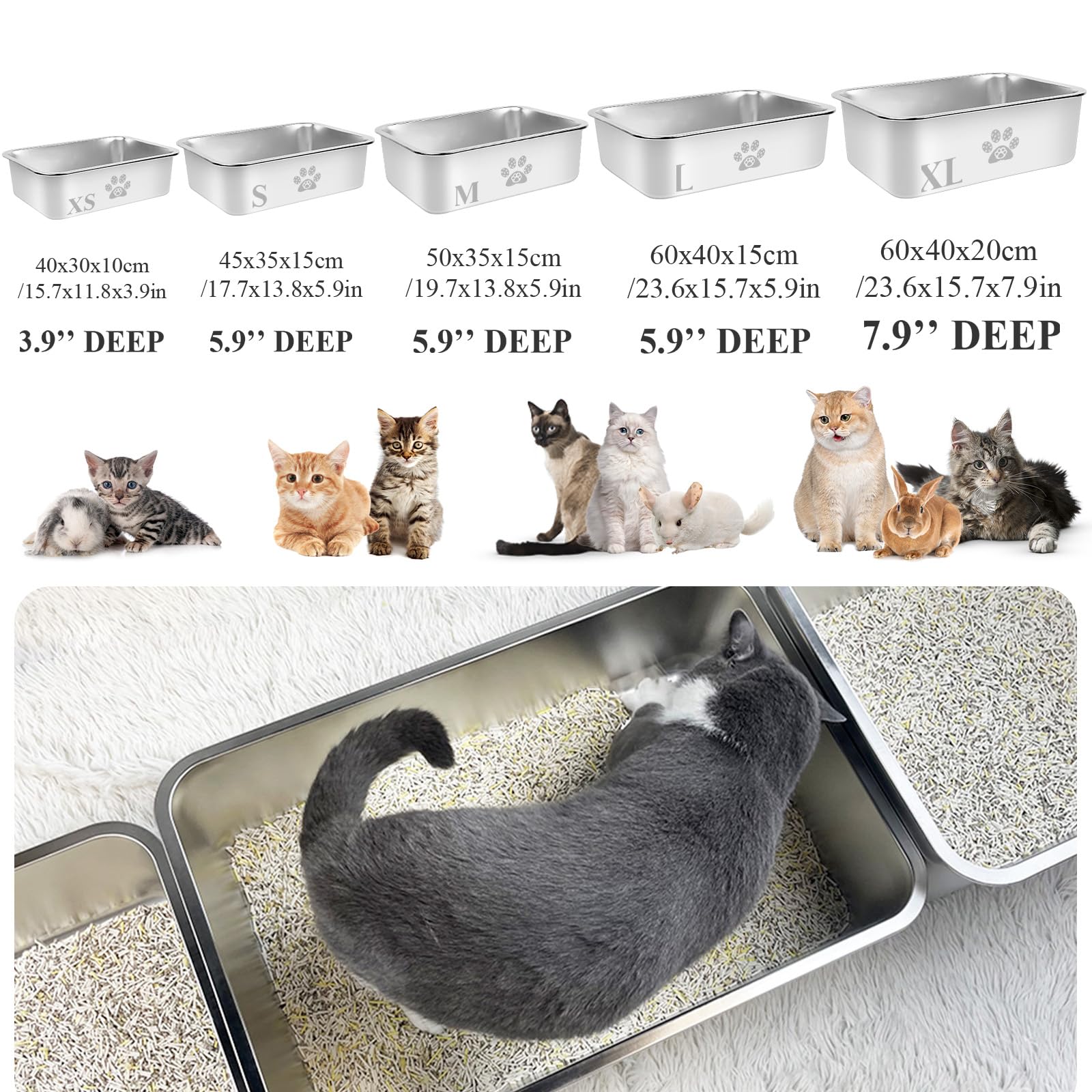 Pwtaa Stainless Steel Cat Litter Box High Side Cats Toilet Metal Kitten Litter Pan, Pet Cleaning Tool For Big And Small Cats, Ra