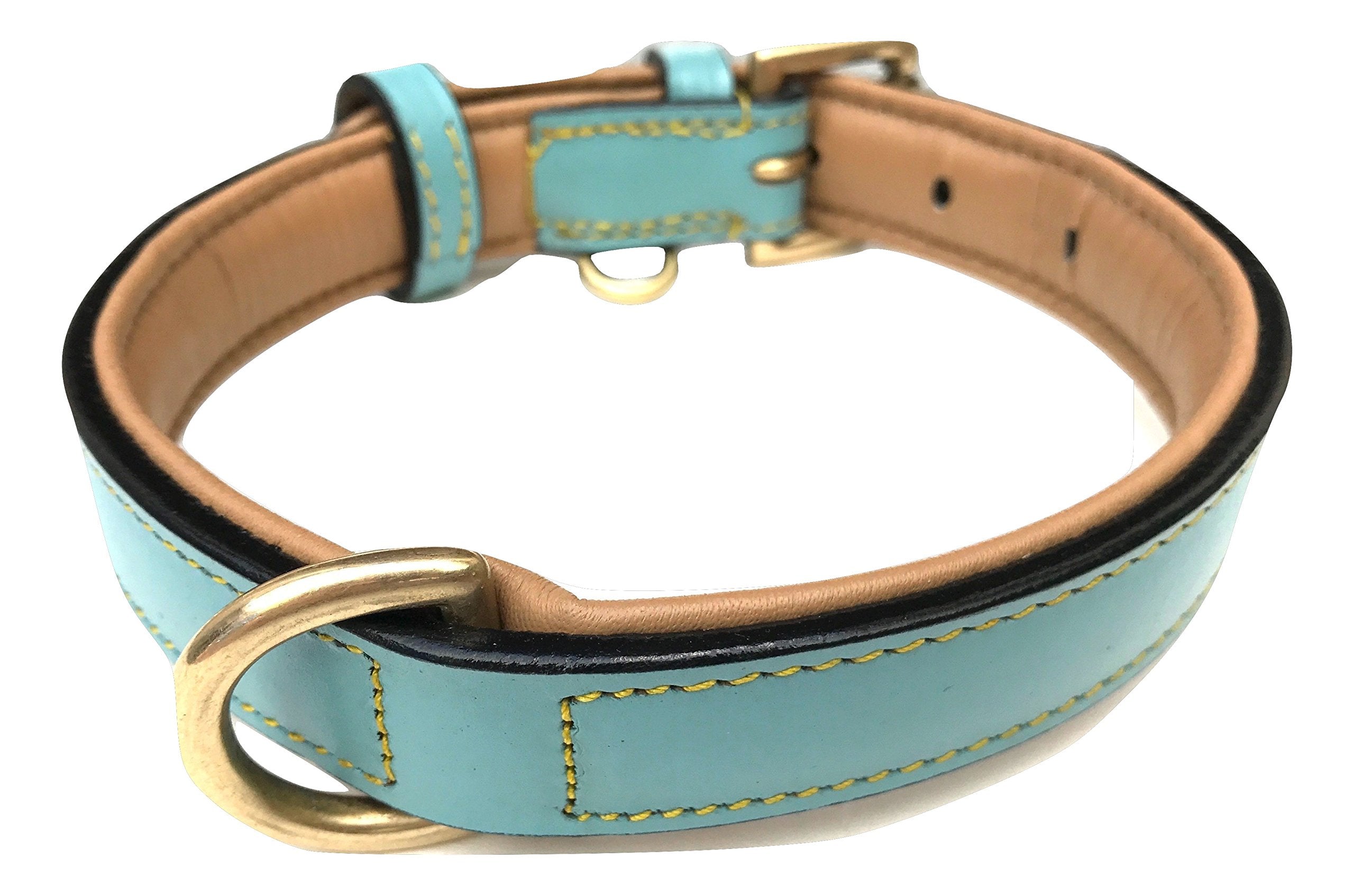 Soft Touch Collars Leather Dog Collar Padded, Turquoise With Beige Padding, Medium Size
