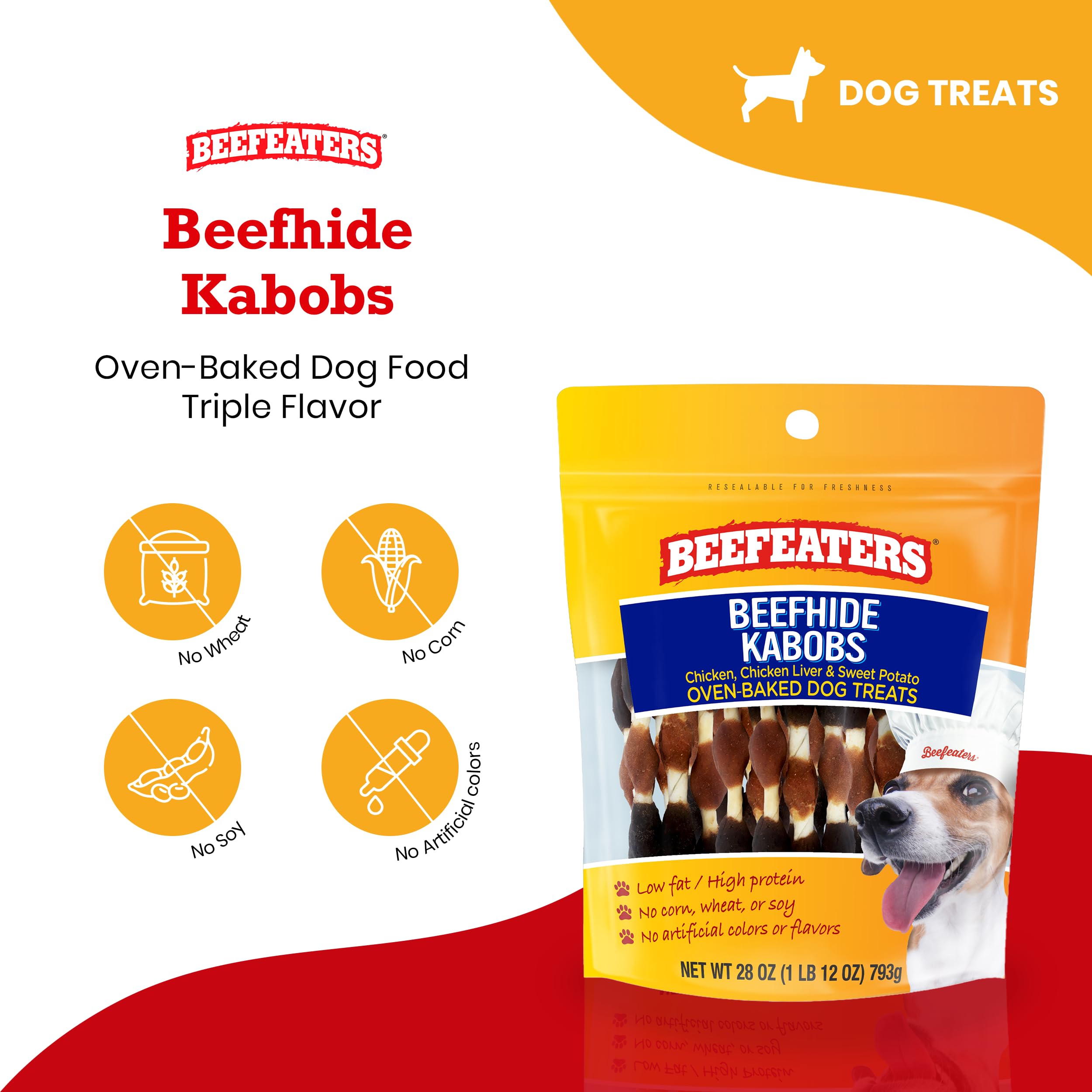 Beefeaters Beefhide Kabobs 28oz - Dog Treat. Triple Flavor with Real Chicken, Liver & Sweet Potato, Long-Lasting Chew, Supports
