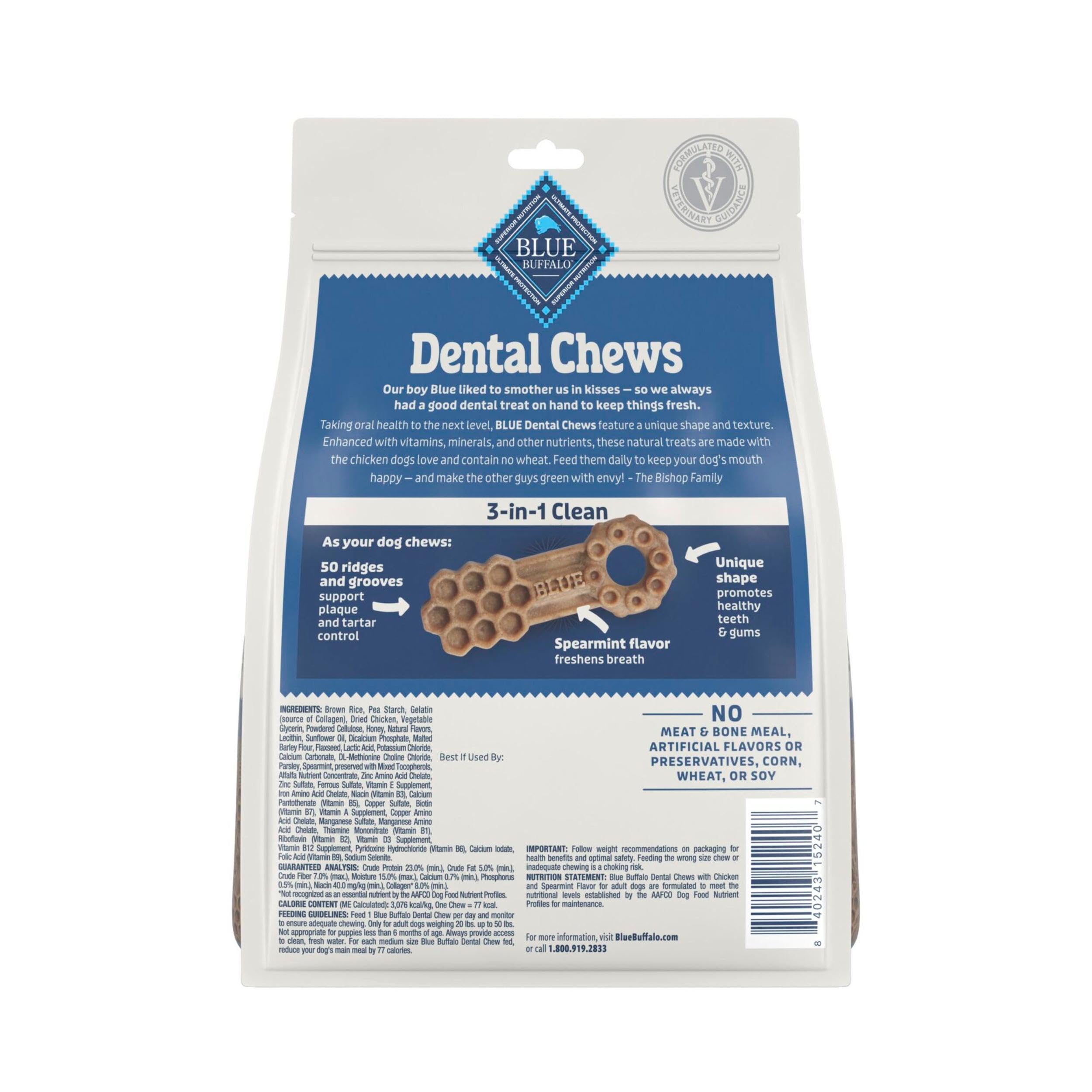 Blue Buffalo Medium Dental Chews for Dogs, Daily Dental Care Dog Treats Made in the USA with Natural Ingredients, Chicken & Spea