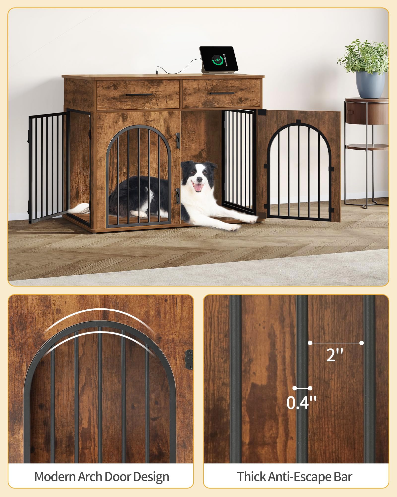 Hzuaneri 39.4 Dog Crate Furniture with 2 Drawers, Indoor Dog Kennel with Charging Station, Wooden Dog Cage Side End Table Kenn