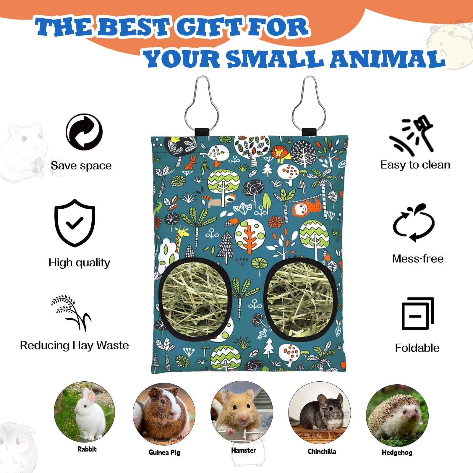 3 Pcs Rabbit Hay Feeder Bag, 2-Hole Hanging Hay Feeder Guinea Pig Hay Bags Washable Bunny Hay Bag for Rabbits Chinchillas Hamste