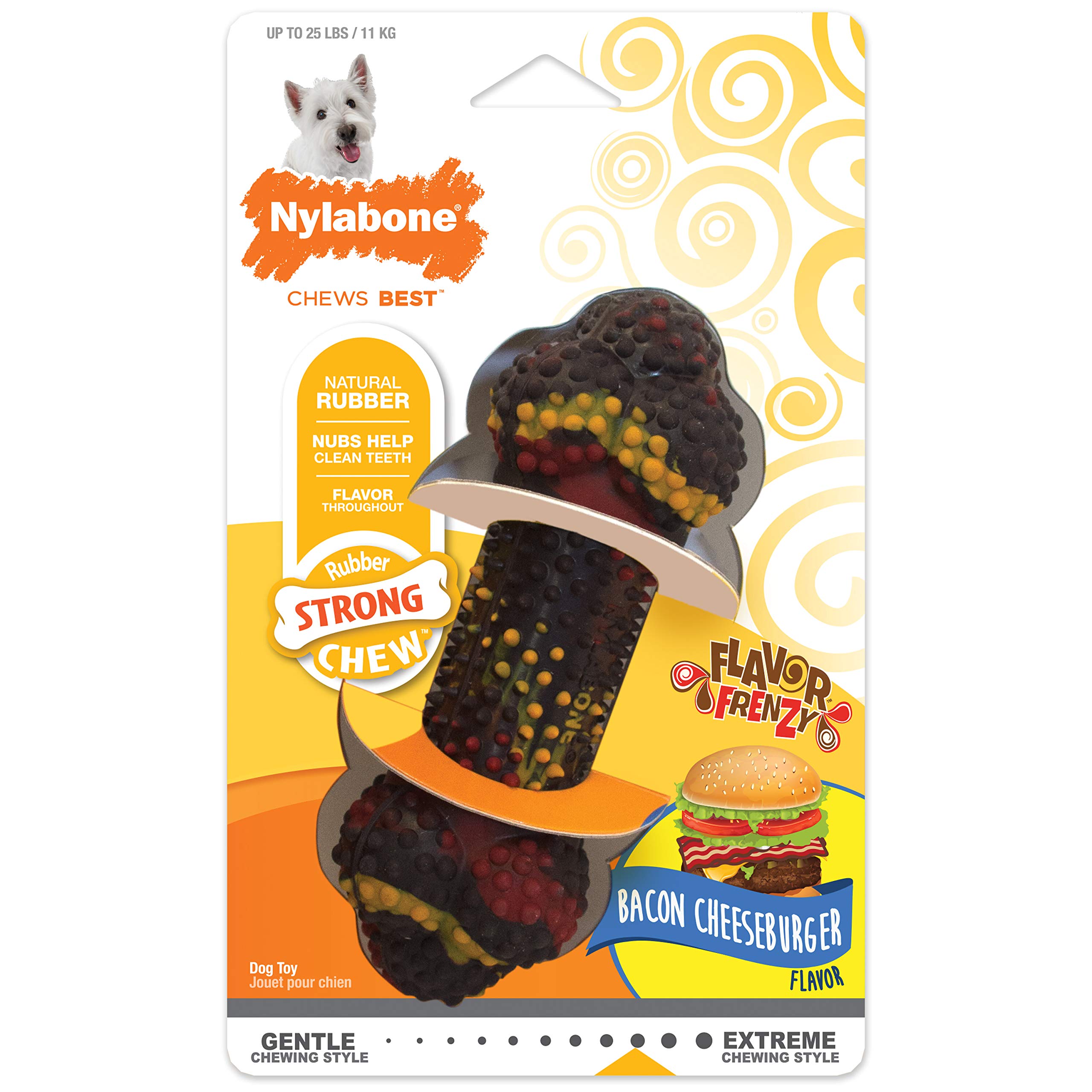 Nylabone Flavor Frenzy Dental Bone Chew Toy for Dogs, Bacon Cheeseburger, Small (Up to 25 lbs), Rubber, Brown, 1 Count