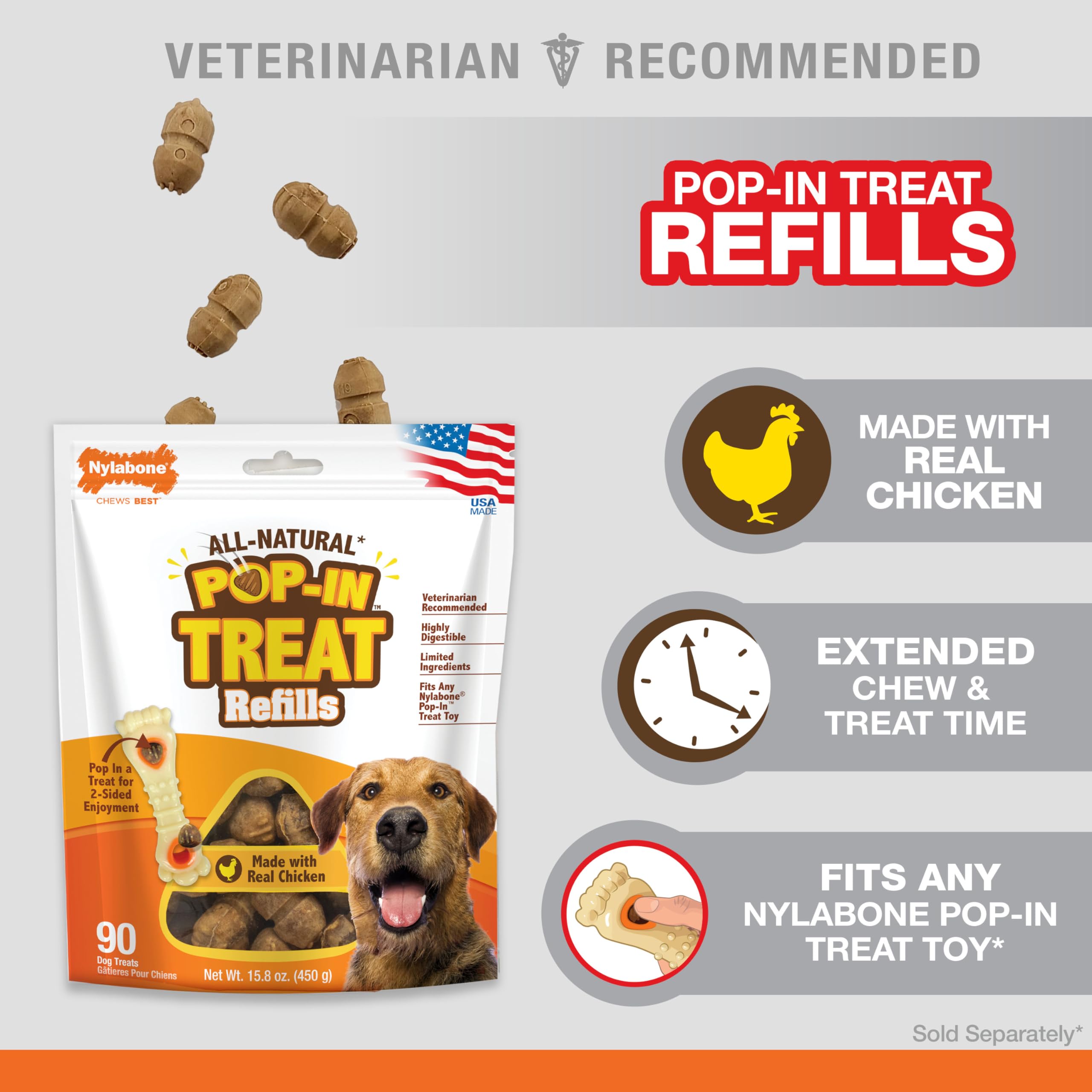 Nylabone Pop-in Dog Treat Toy Refills, All-Natural Dog Treats for Treat Dispensing Toys, Chicken Flavor (90 Count)