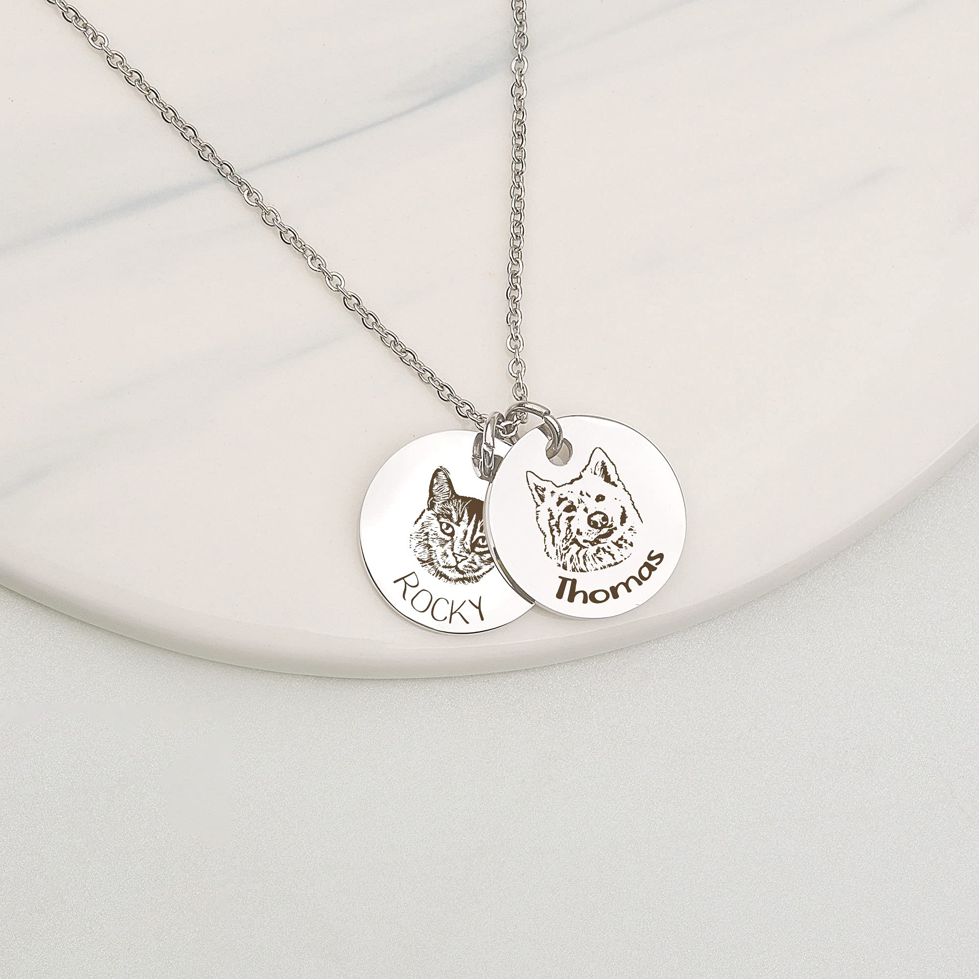 Anavia Personalized Pet Portrait Necklace, Handmade Dog Cat Memorial Jewelry Gift, Customized Round Disc Photo Engraved Necklace