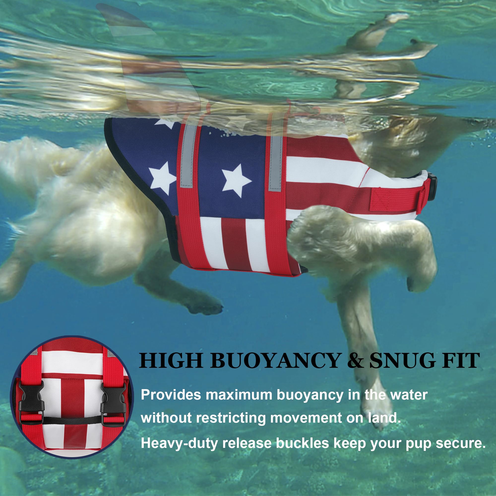 Dogcheer Dog Life Jacket Shark, American Flag Dog Life Vest With Reflective Stripes & Rescue Handle, Adjustable High Buoyancy Pu