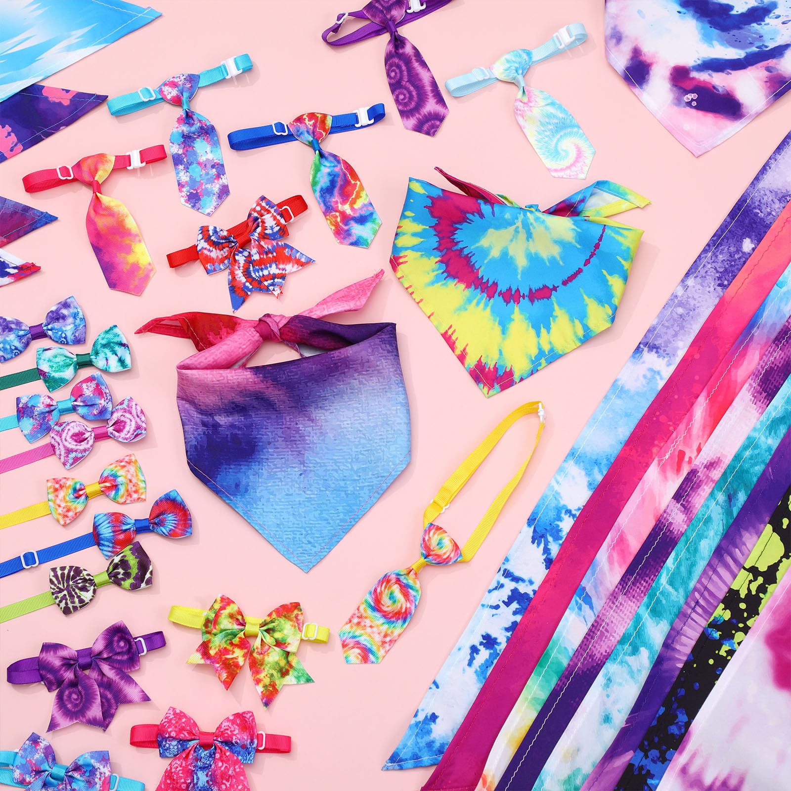 Reginary 120 Pcs Tie Dye Dog Bandanas Bulk Dog Bows Set Bow Ties Cat Scarf Colorful Washable Triangle Pet Kerchief Cute Bib For
